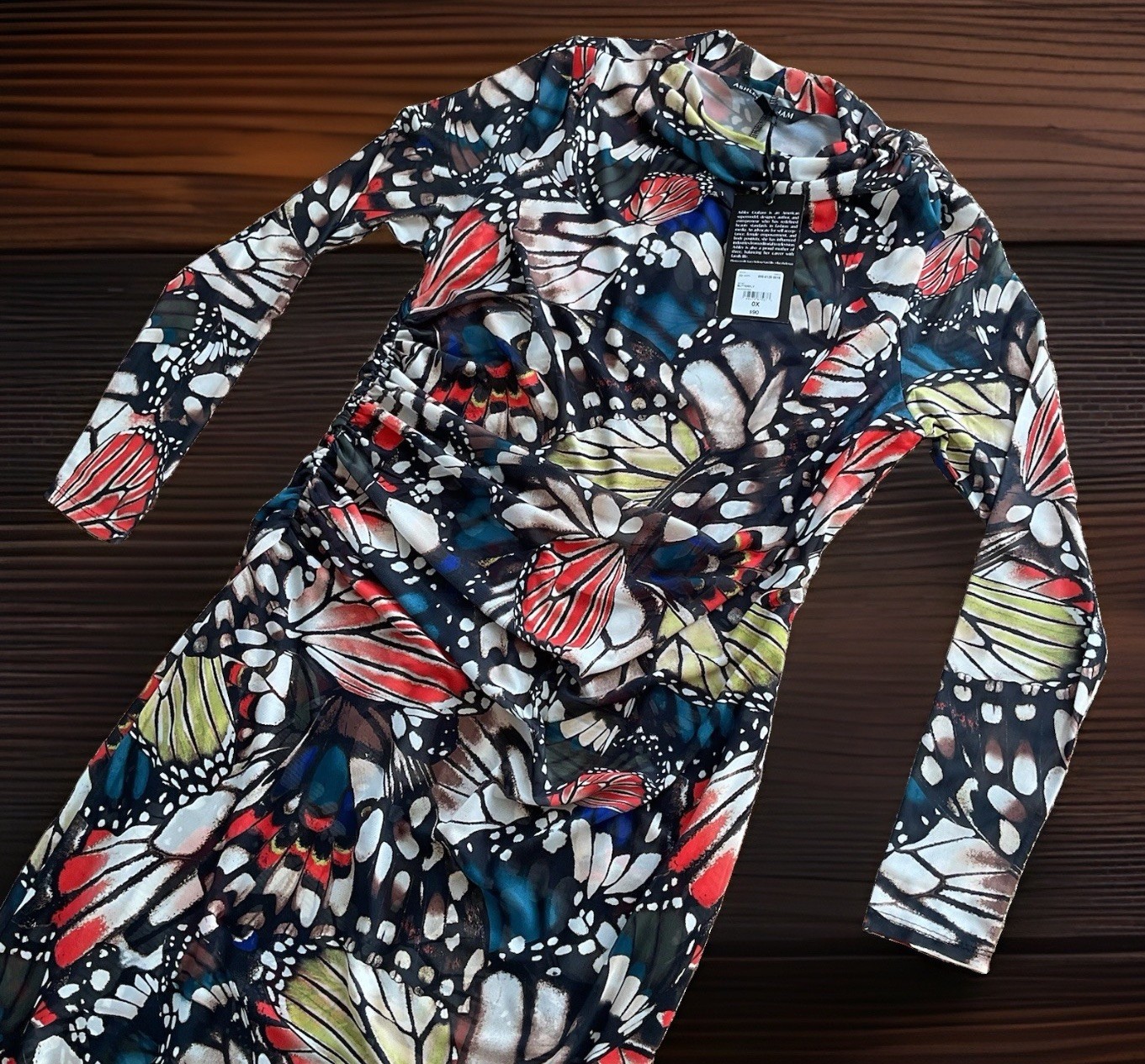 NWT ($90) ASHLEY GRAHAM Sz 0X Butterfly AOP Bodycon Semi-Sheer Lined Maxi Dress