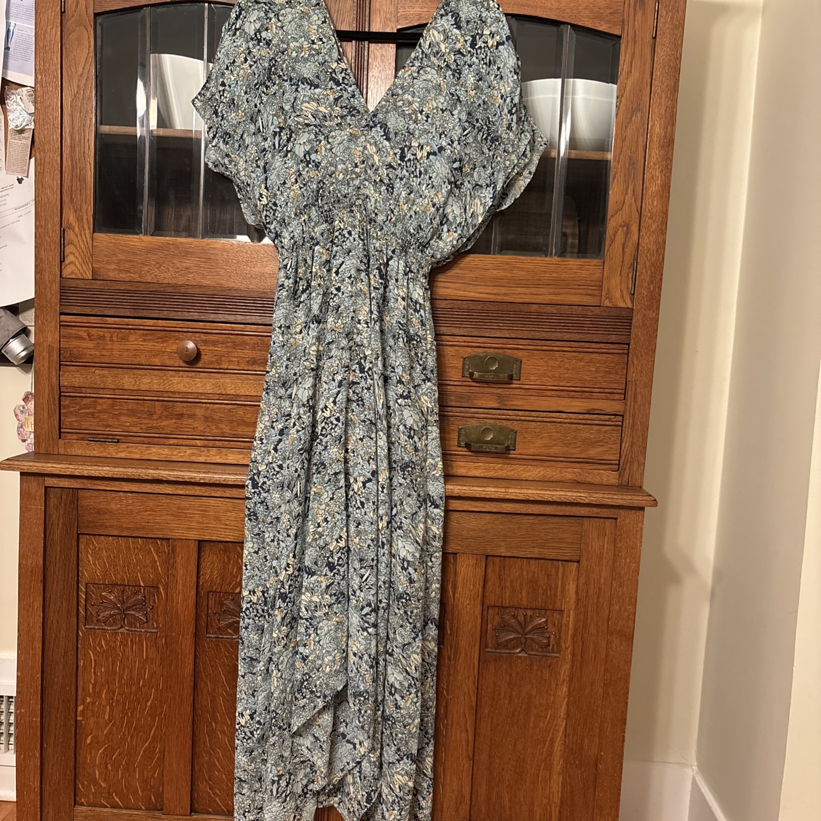 MAJE Bouquet Celadon Midi Dress V Neck Flutter Sleeve Romantic Boho Sz 40