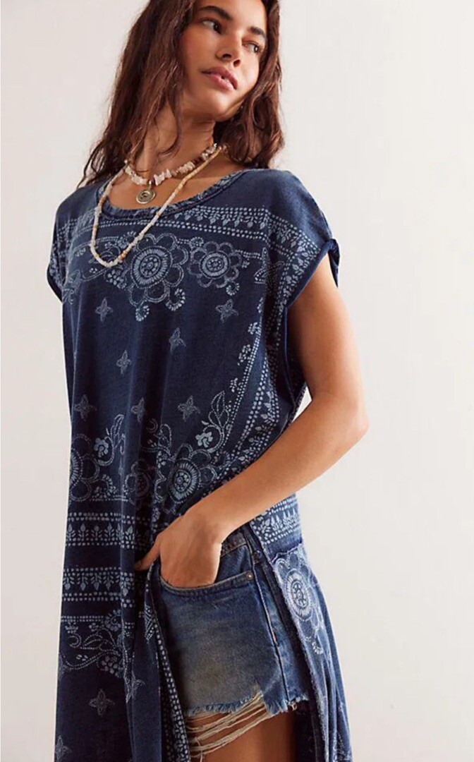 Free People Indie Maxi Tee We The Free Mix Print Side Slits Blue Indigo S NWT