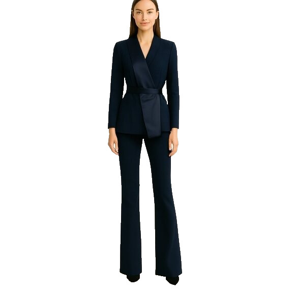 NEW, Chiara Boni Kerolyn Jersey Flare Leg Jumpsuit Belted in Navy SZ 42 #LD0120