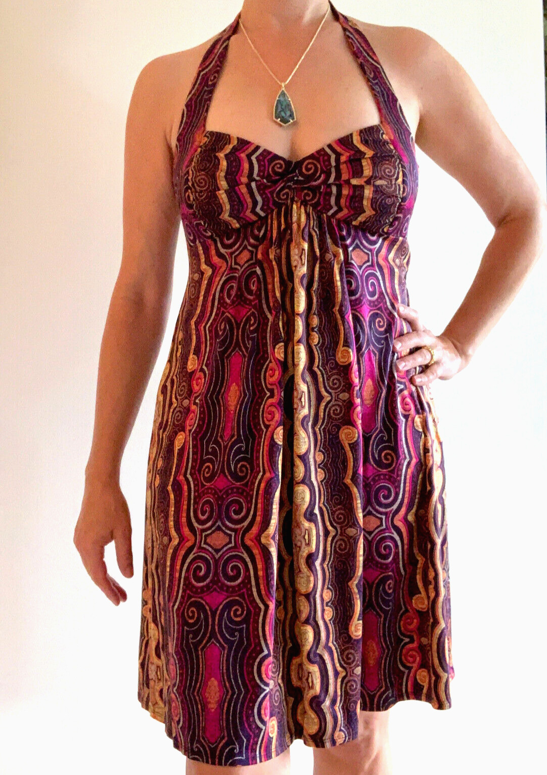 100% Silk U.S. Size 4 Laundry Shelli Segal Multicolor Halter Dress +$235 tag