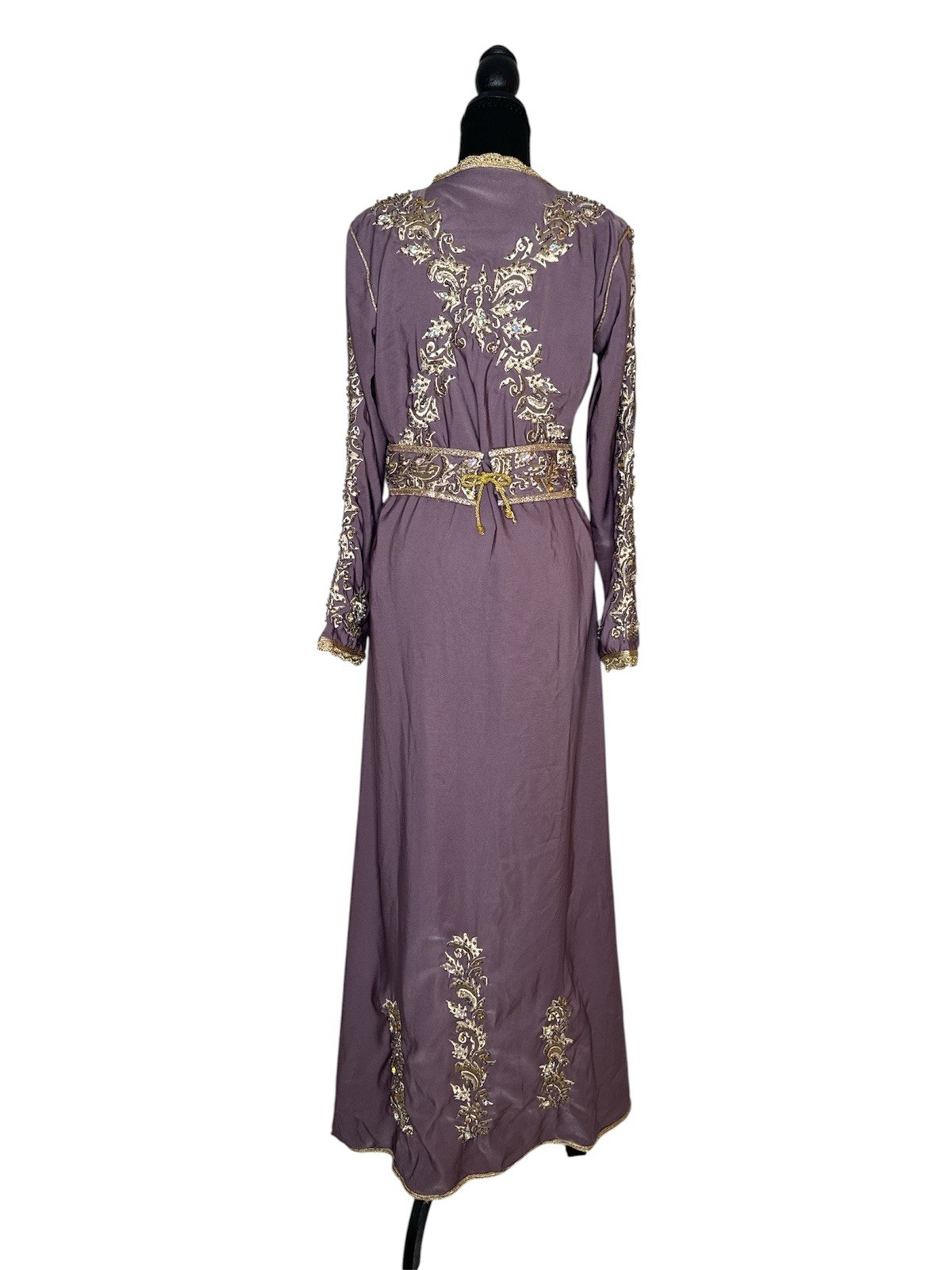 Embroidered Long Caftan Dress in Mauve with Gold Trim