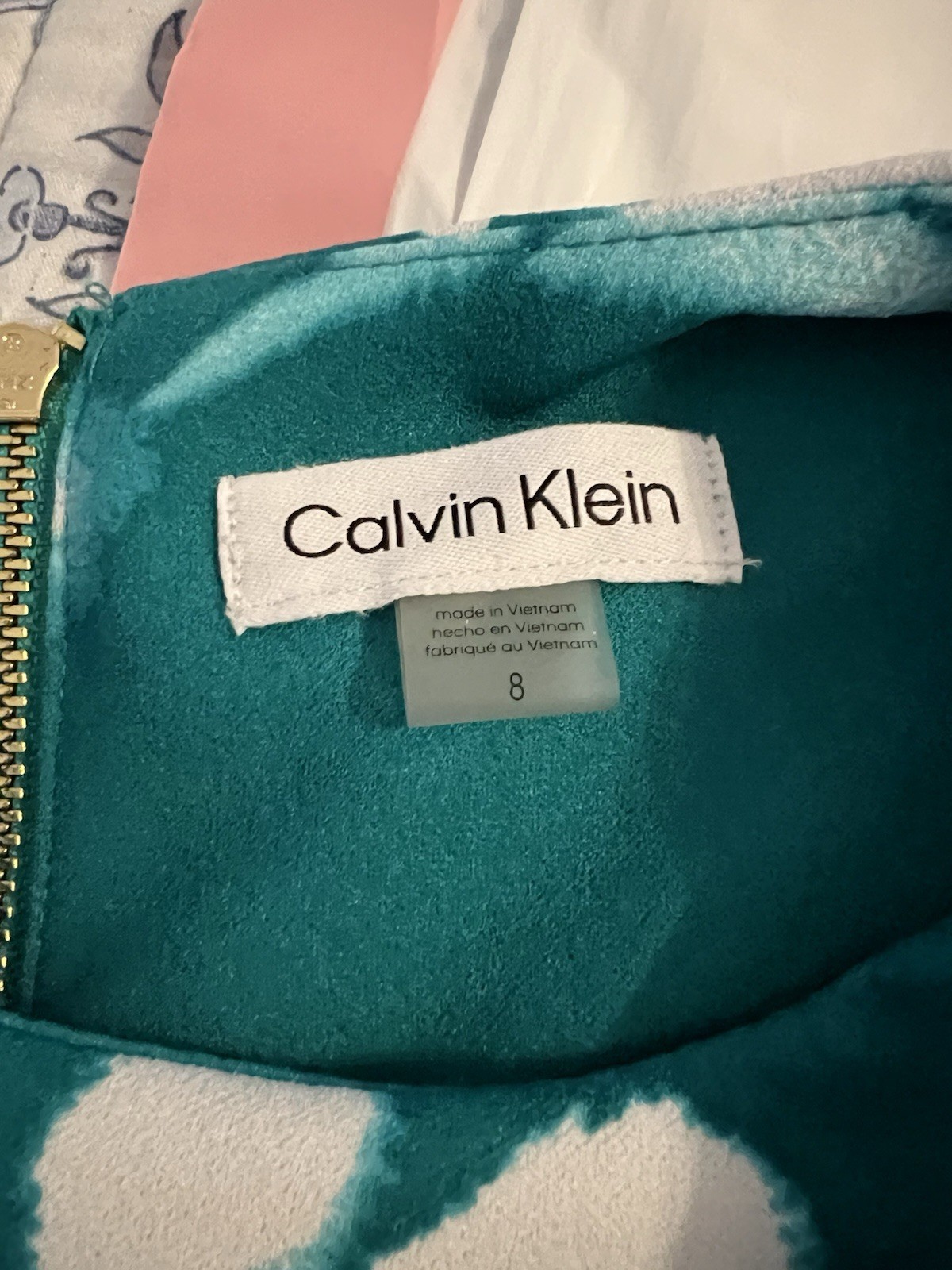Calvin Klein Teal/White Floral Sheath Dress Round Neck Short Sleeve Zip 8