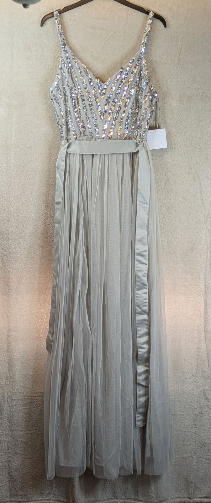 Maya Deluxe Dress Womens UK 8 Sequin Bodice Beaded Tulle Maxi With Belt Grey