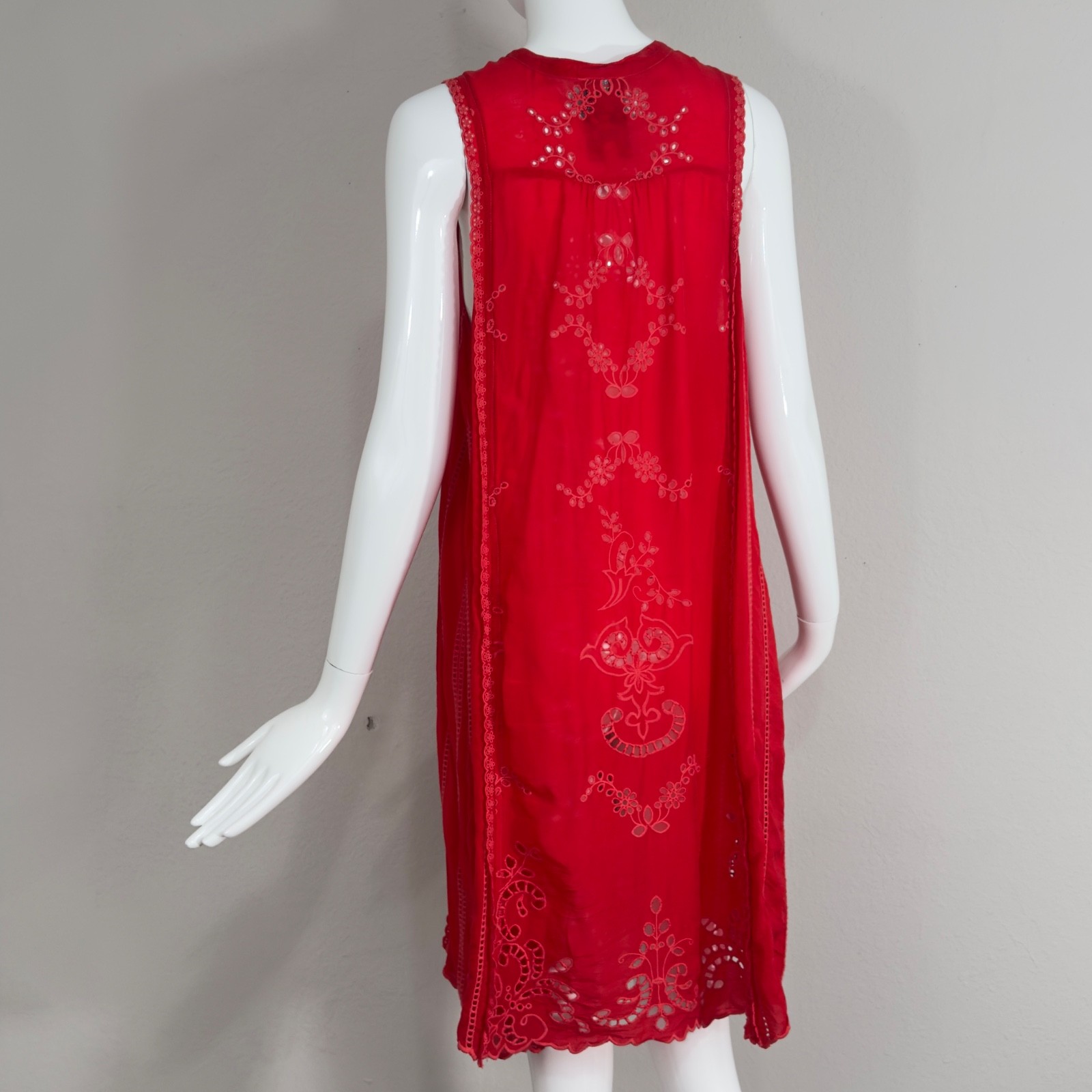 Johnny Was Rhodes Sleeveless Shift Dress Scarlet Red Embroidered Eyelet Accent M