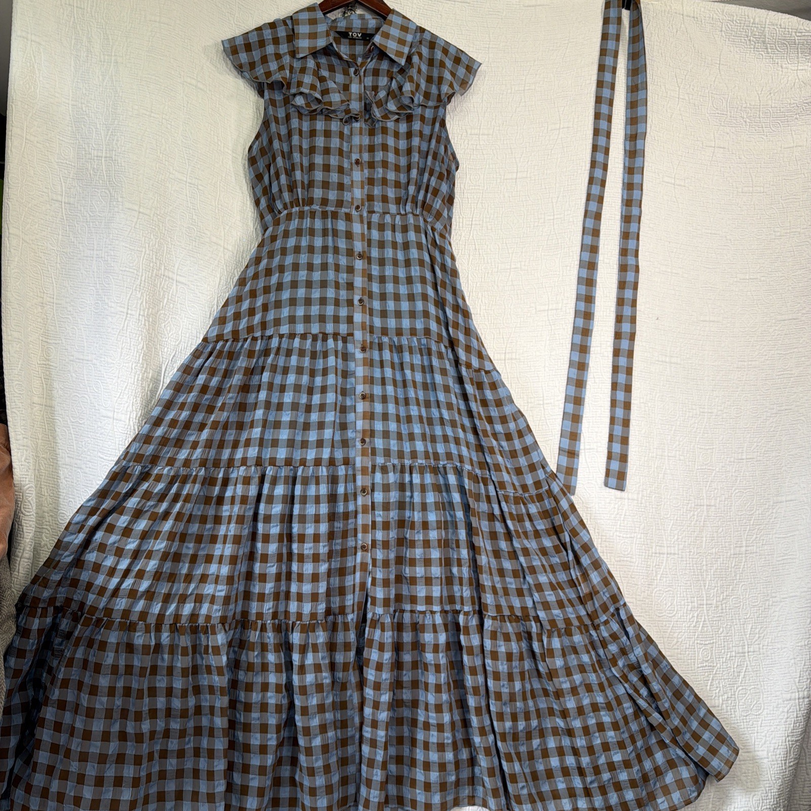 TOV LA Tiered Maxi Dress Women 44 US XL Ruffled Blue Brown Gingham Button Front