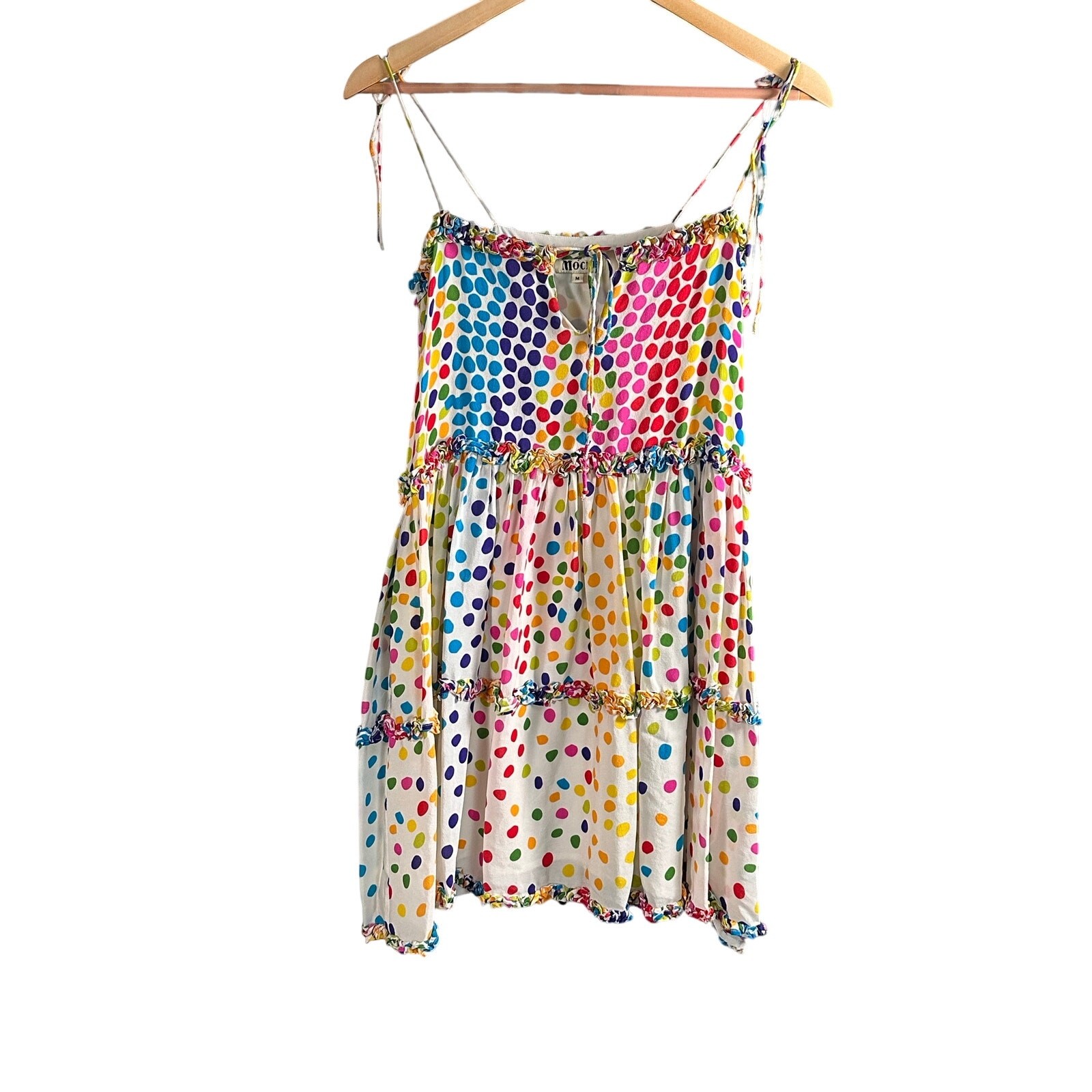 All Things Mochi Rainbow Polka Dot Tiered Mini Dress – Size M