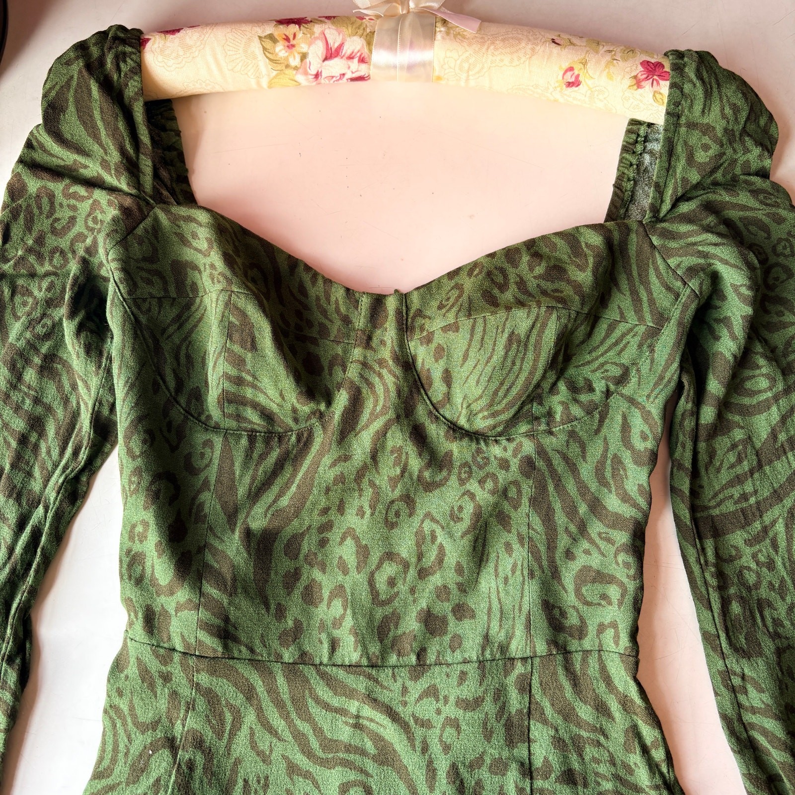 Reformation Mochi Jungle Animal Print Green Dress Size 0 Smocked Peasant Bustier