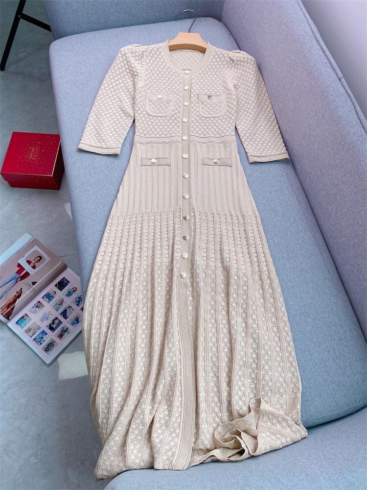 Women Sandro Round Neck Midi Dress 3/4 Sleeve Shirt Dress milky white