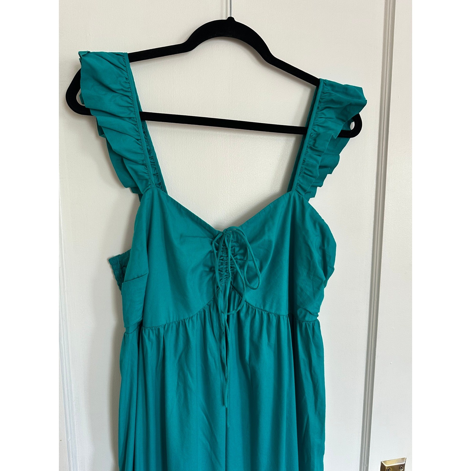 LOFT Maxi Dress Teal Flutter Sleeve Smocked Tiered Size 14 Coastal Cotton Boho