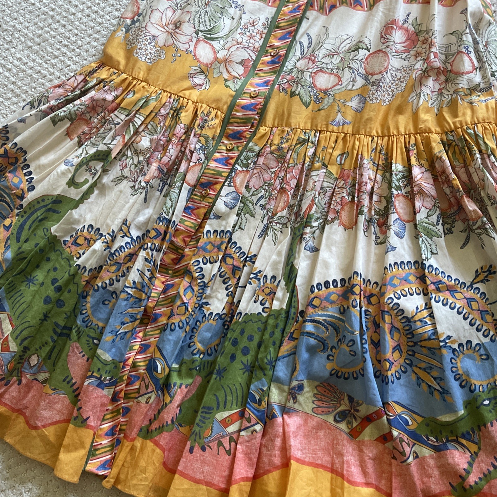 A Loves A Border Print Mandarin Collar Maxi Dress Sz XS Boho Hummingbird Bird