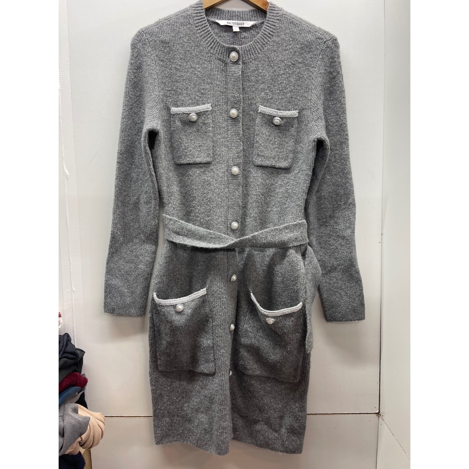 Walter Baker Grey Knit Beth Button Front Pearl Detail Belted Cardigan Dress LG