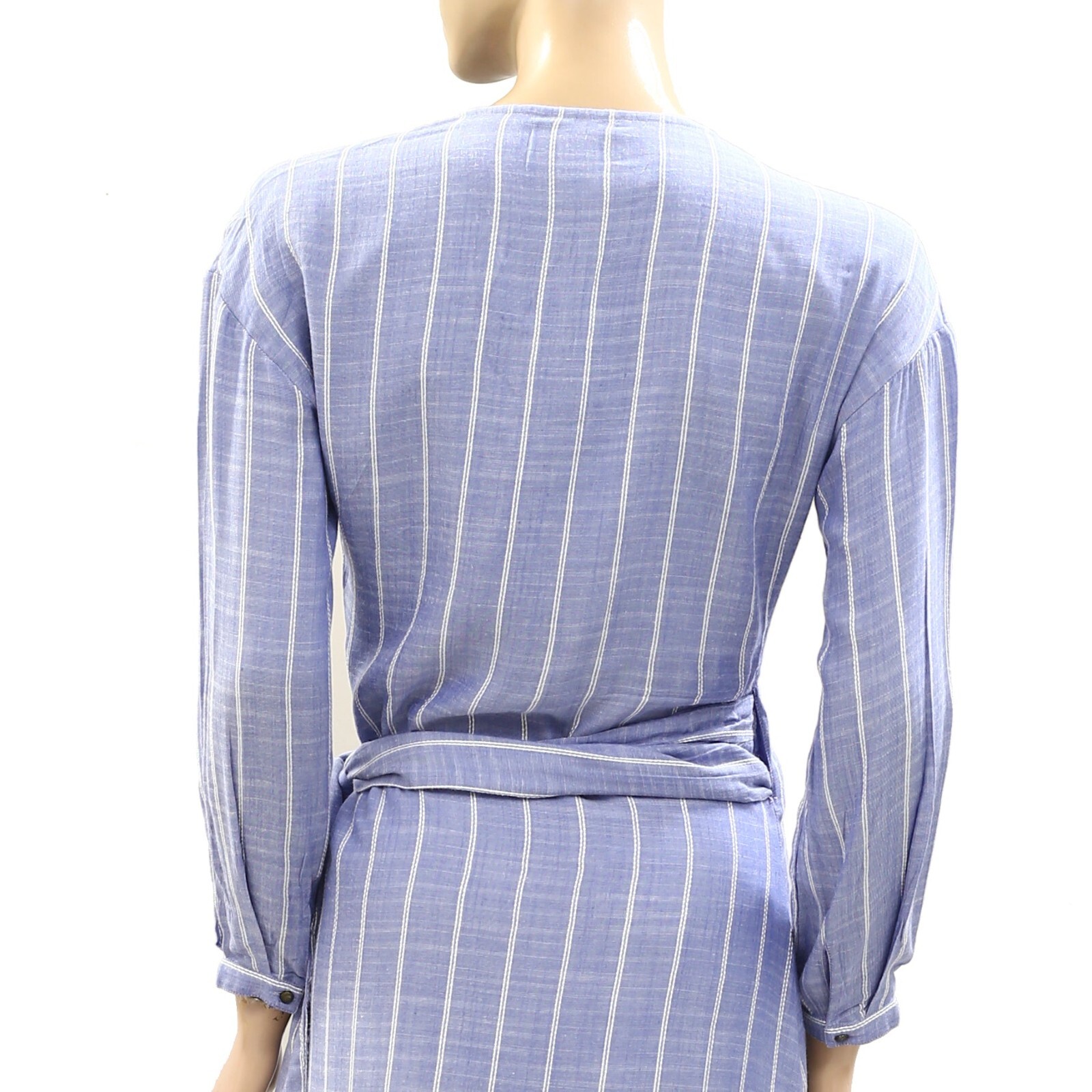 Sezane Robe Laurette Midi Dress Wrap Striped Embroidered Long Sleeve S-36 225