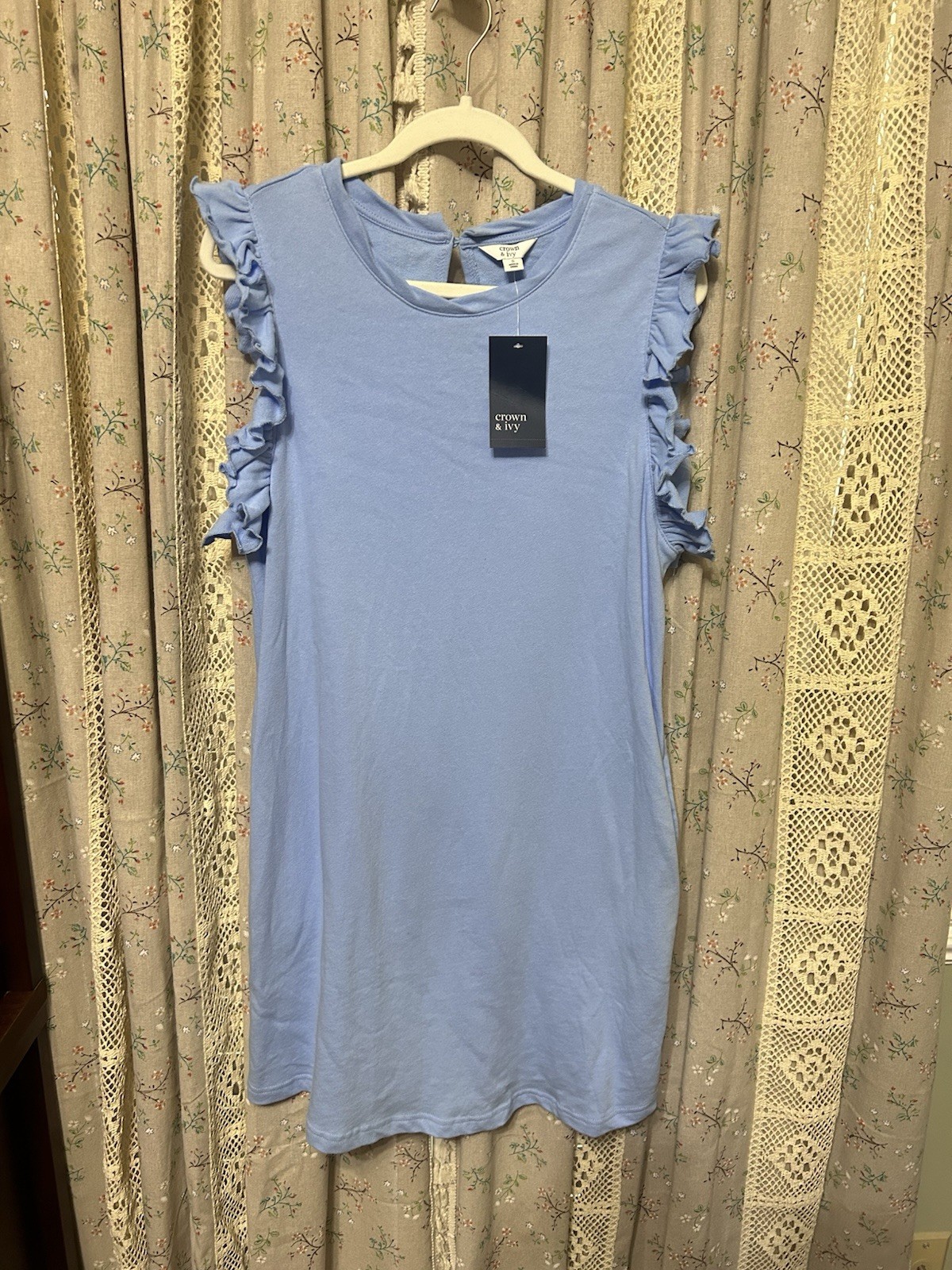 Crown & Ivy Periwinkle Cotton Ruffle Sleeve Shift Dress Pockets NWT