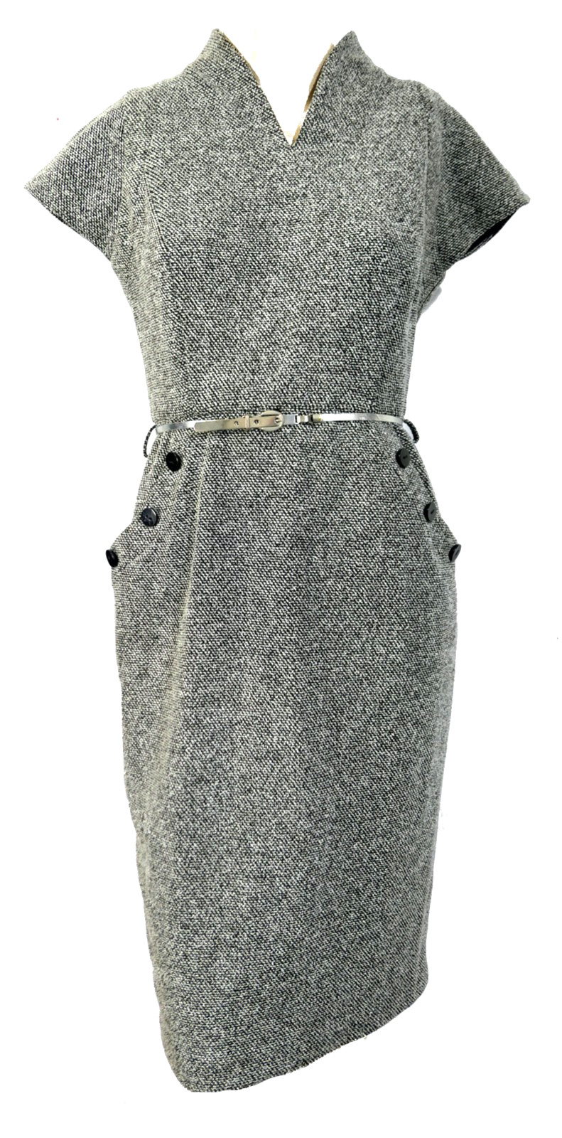 Stand Up Collar Poly Tweed Pockets Belted Jones New York Pencil Dress Sz 4