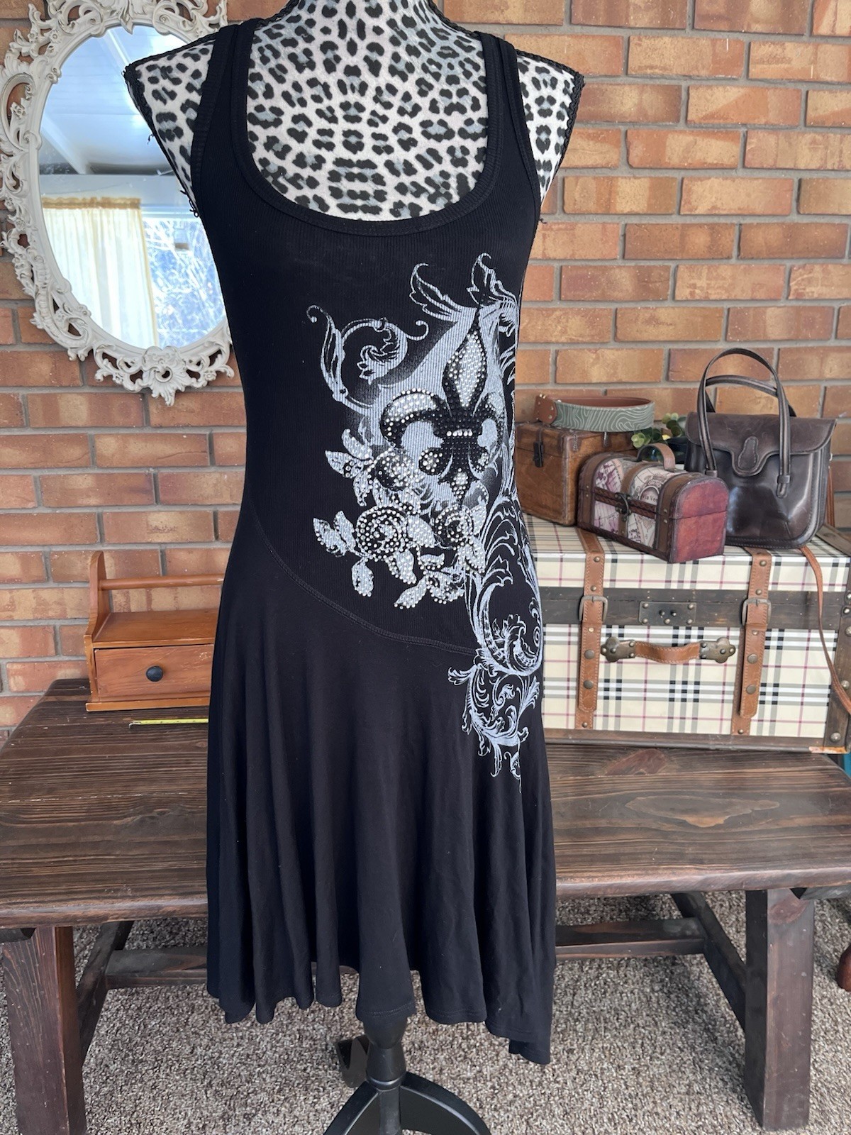 Y2K S-Twelve Asymmetrical Dress (S) Made In USA Fleur De Lis Rhinestone Black