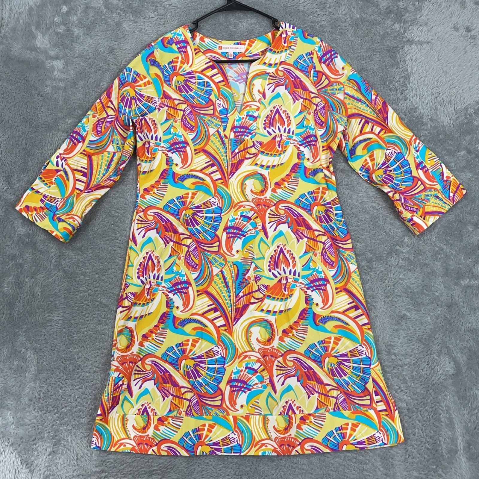 Jude Connally Shift Dress Womens Large Multicolor Paisley 3/4 Sleeve V Neck Knit