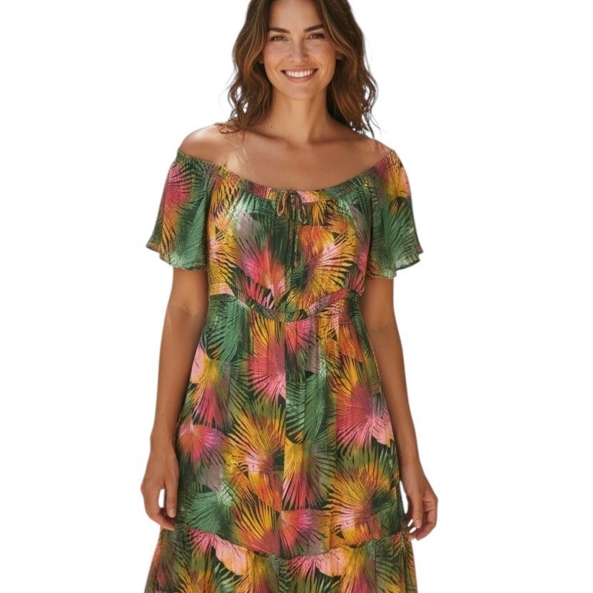 Terra & Sky Summer Tropical Green Pink Maxi Dress 2X 20W-22W Off Shoulder NWT