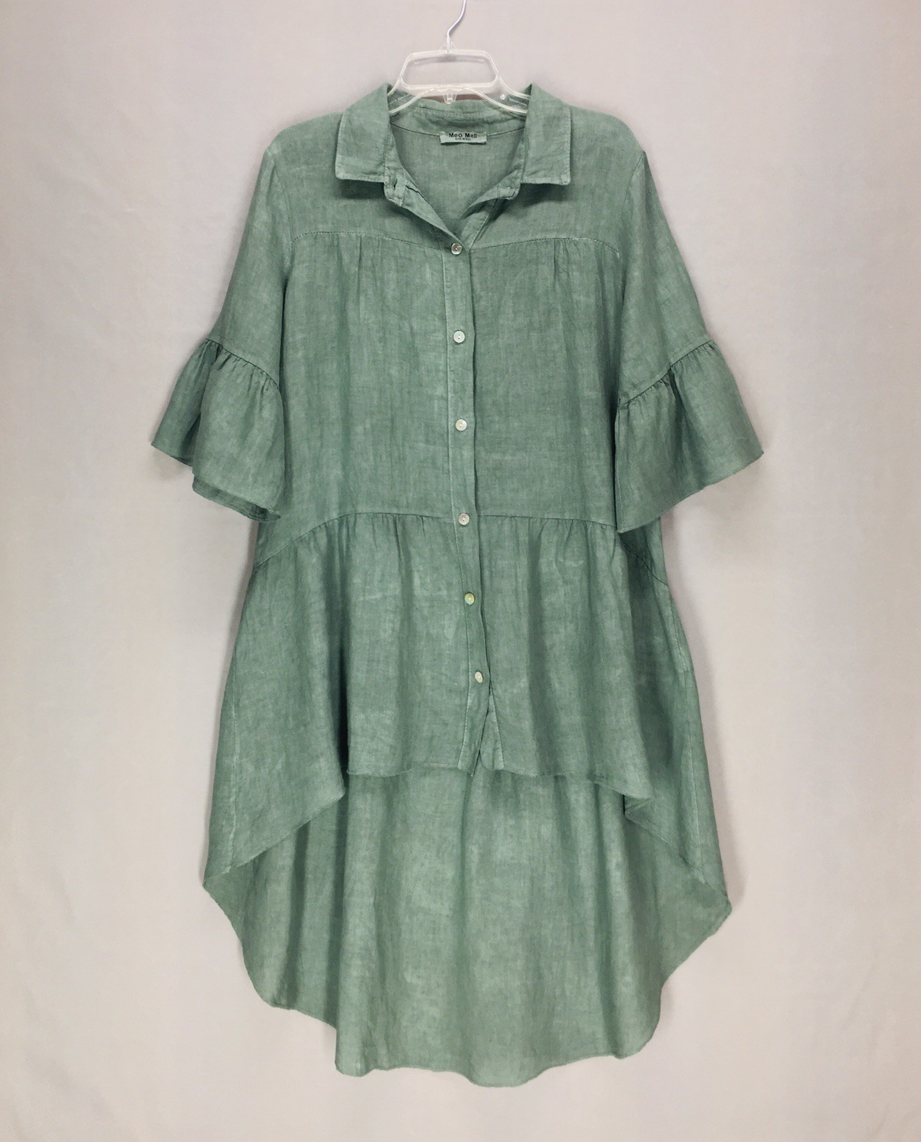 Meo Meli Italy Shirt Linen Dress One Size Ruffle Hem Hi-Low Boho Coastal Beach