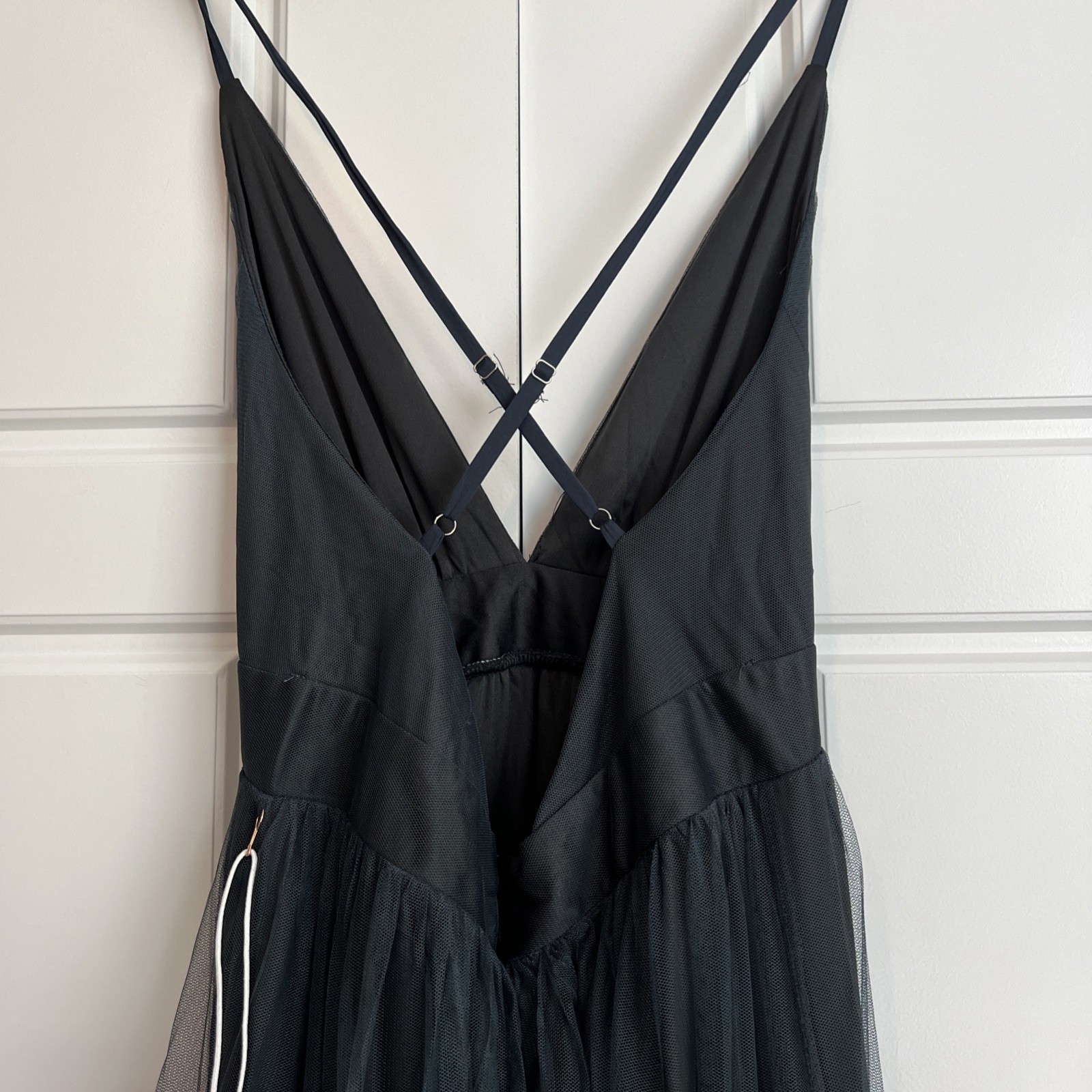 Luxxel Halter Strap Formal Gown Steel Blue Long Tulle Dress Ladies, size L NEW