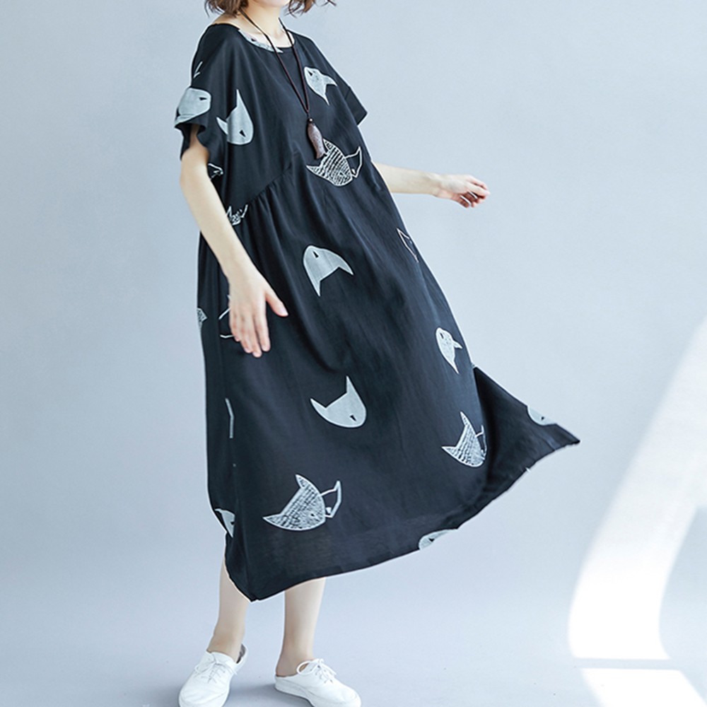 Plus Size Women Dress With Cute Character Cat Print For Fun