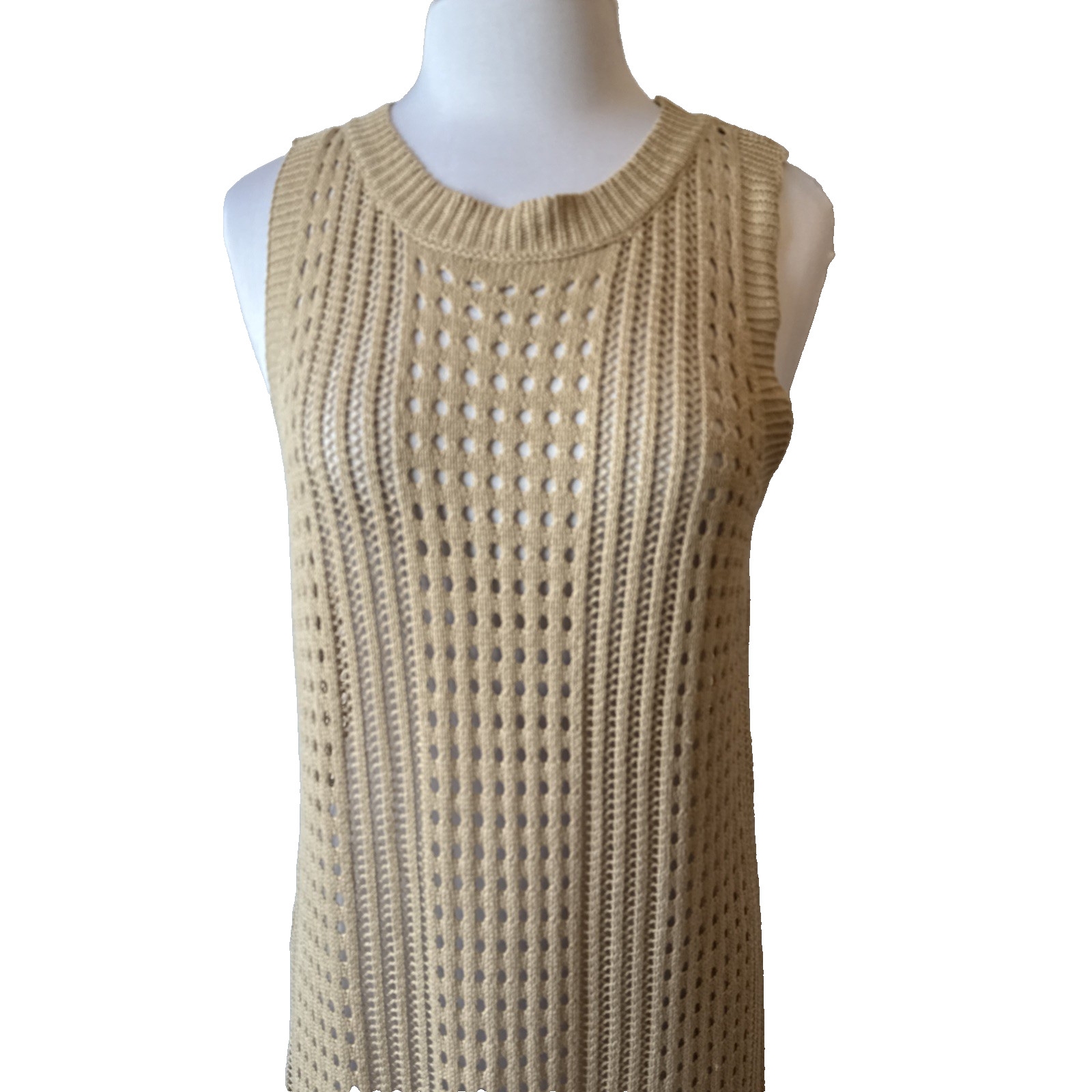 Resortwear Crochet Open Knit Sleeveless Maxi Dress Cover Up XL Tan Beach Boho