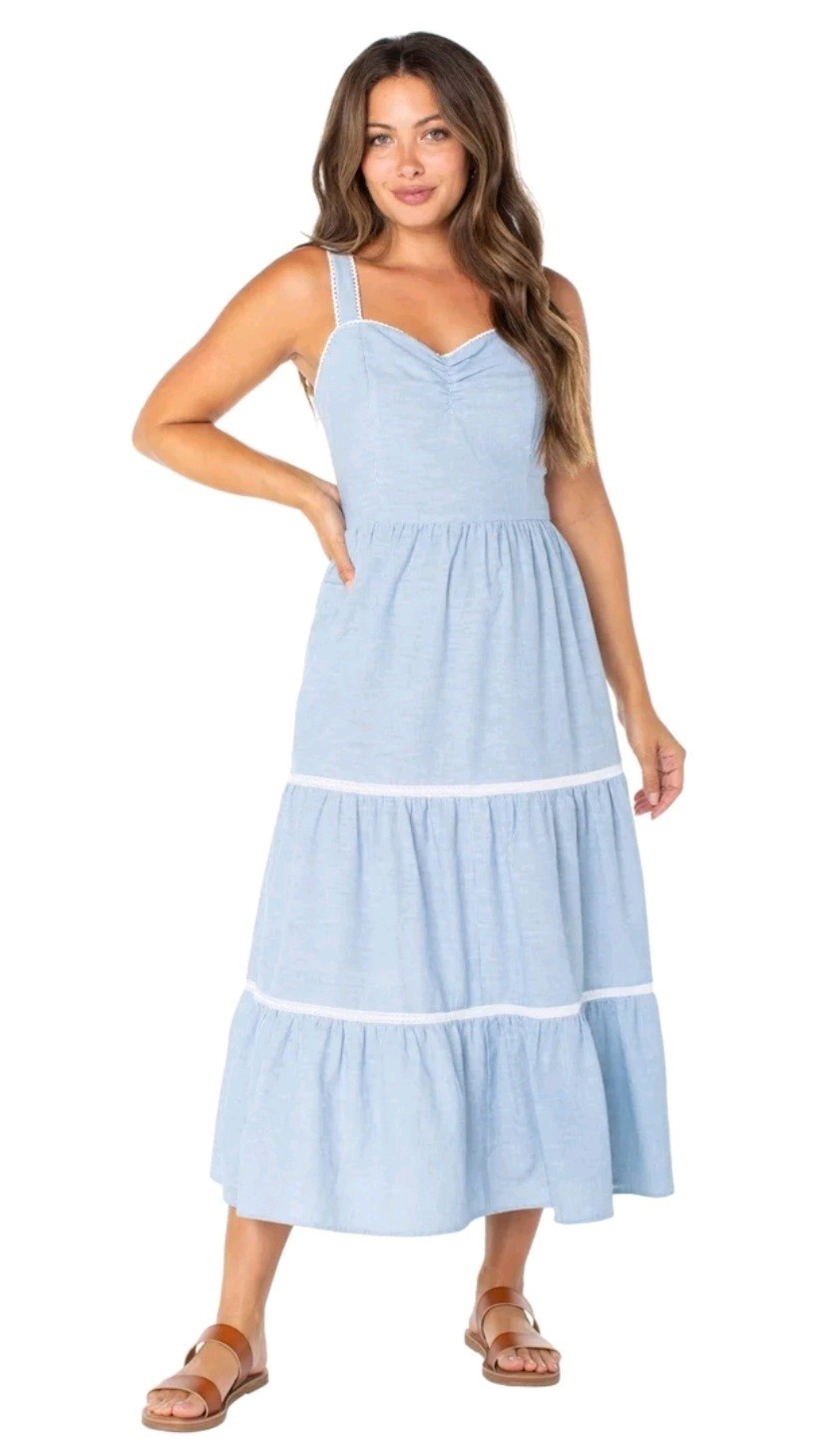 Celebrity Pink Women’s Tiered Maxi Dress Blue Stripe Cotton Linen Size L NWT