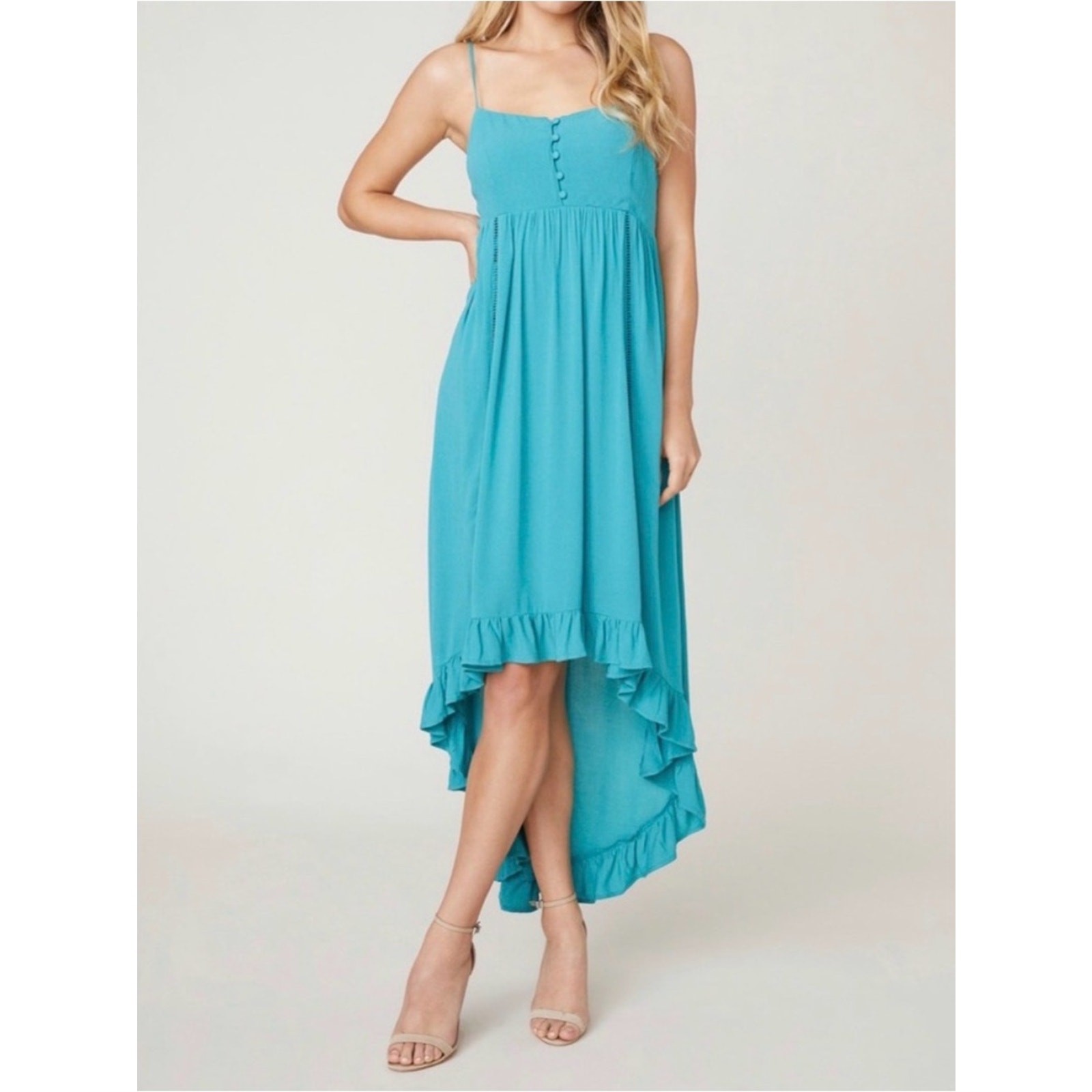 Jack by BB Dakota Turquoise Ruffle High-Low Spaghetti Dress