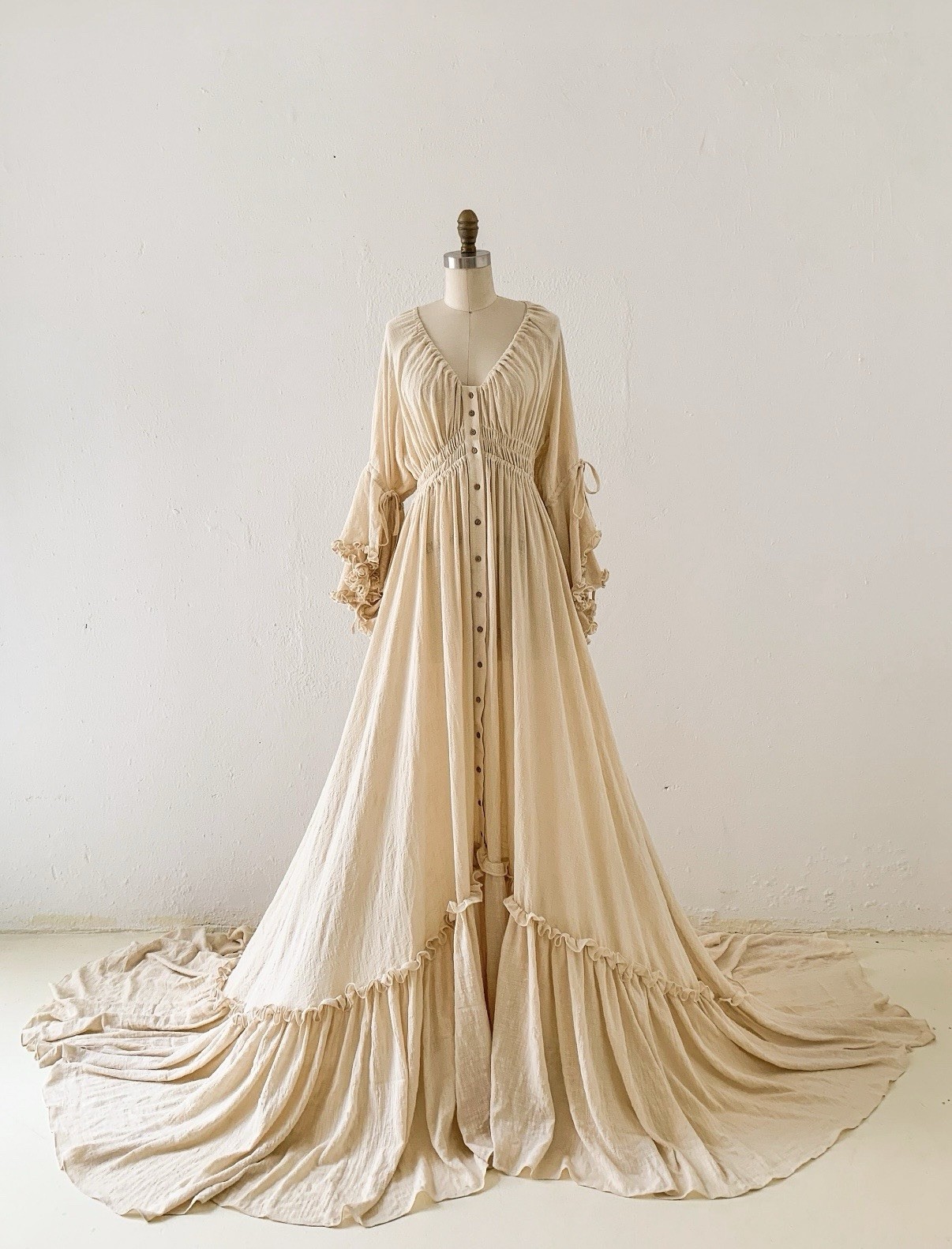 Beige Linen Boho Maternity Baby Shower Maxi Dress Sz Large