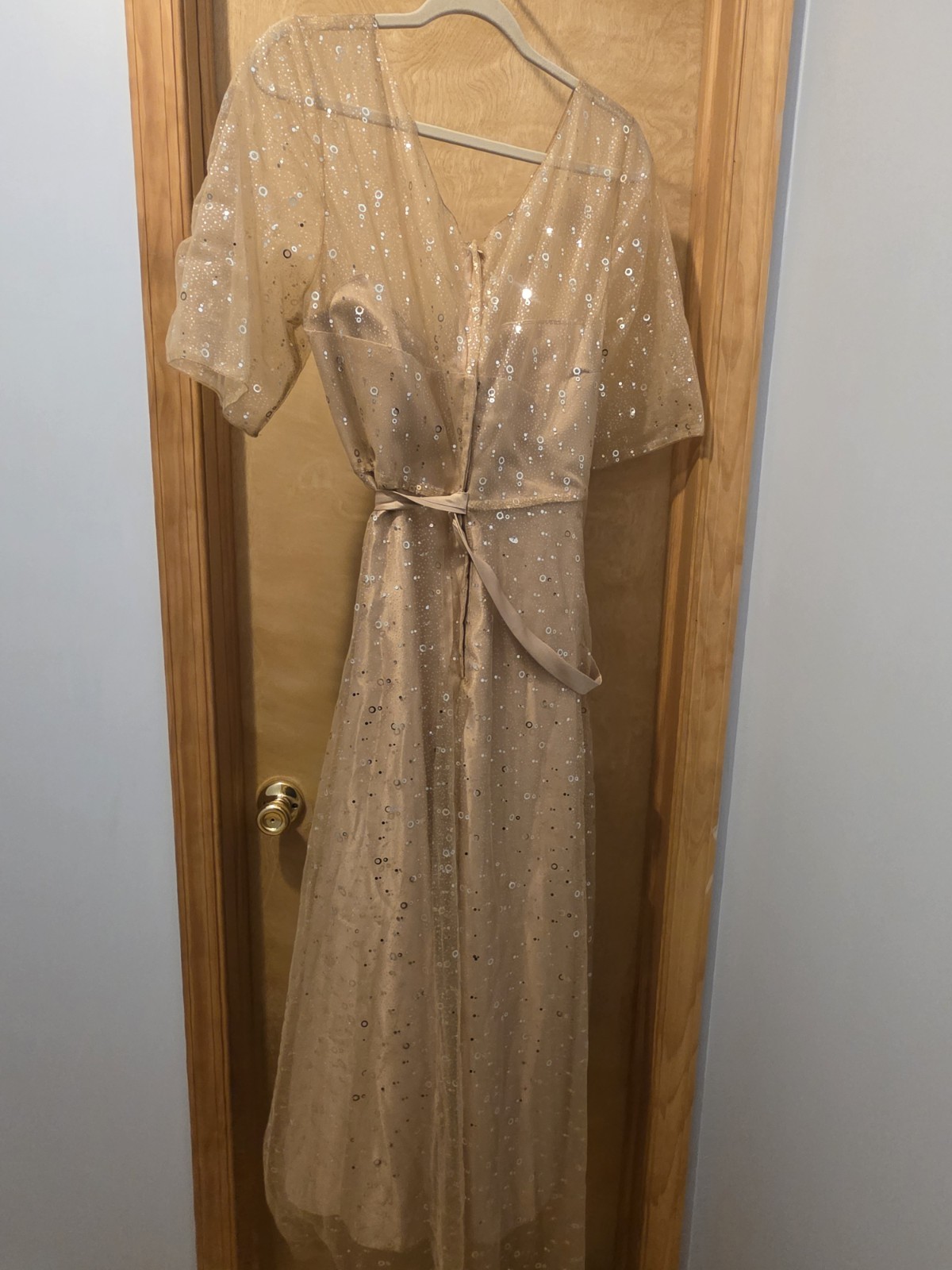 SHEIN CURVE Champagne Sequin Mesh Sweetheart Neck Short Sleeve Gown 3XL Belted