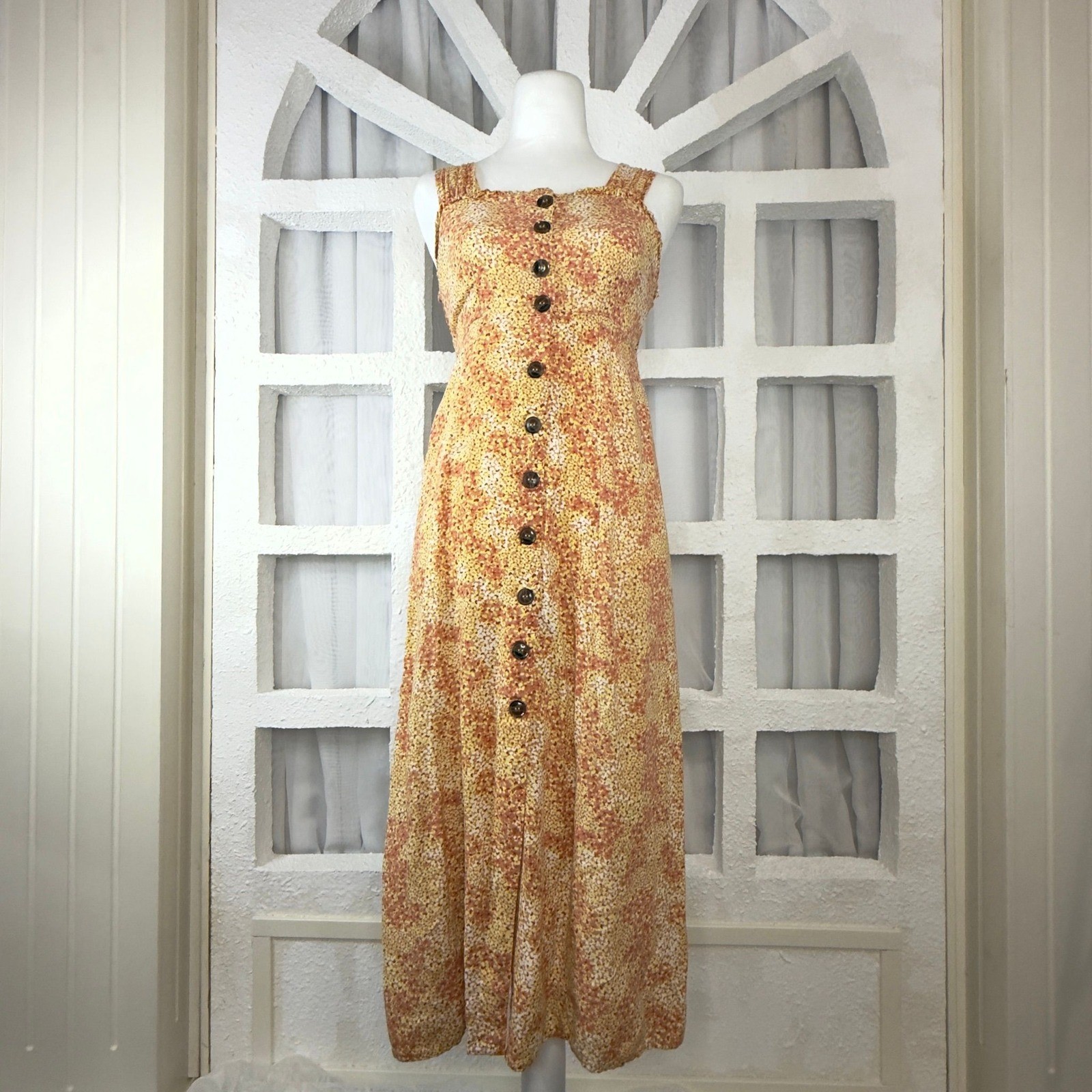 Yellow Orange Floral Button Down Midi Dress Smocked Back Sleeveless Square Neck