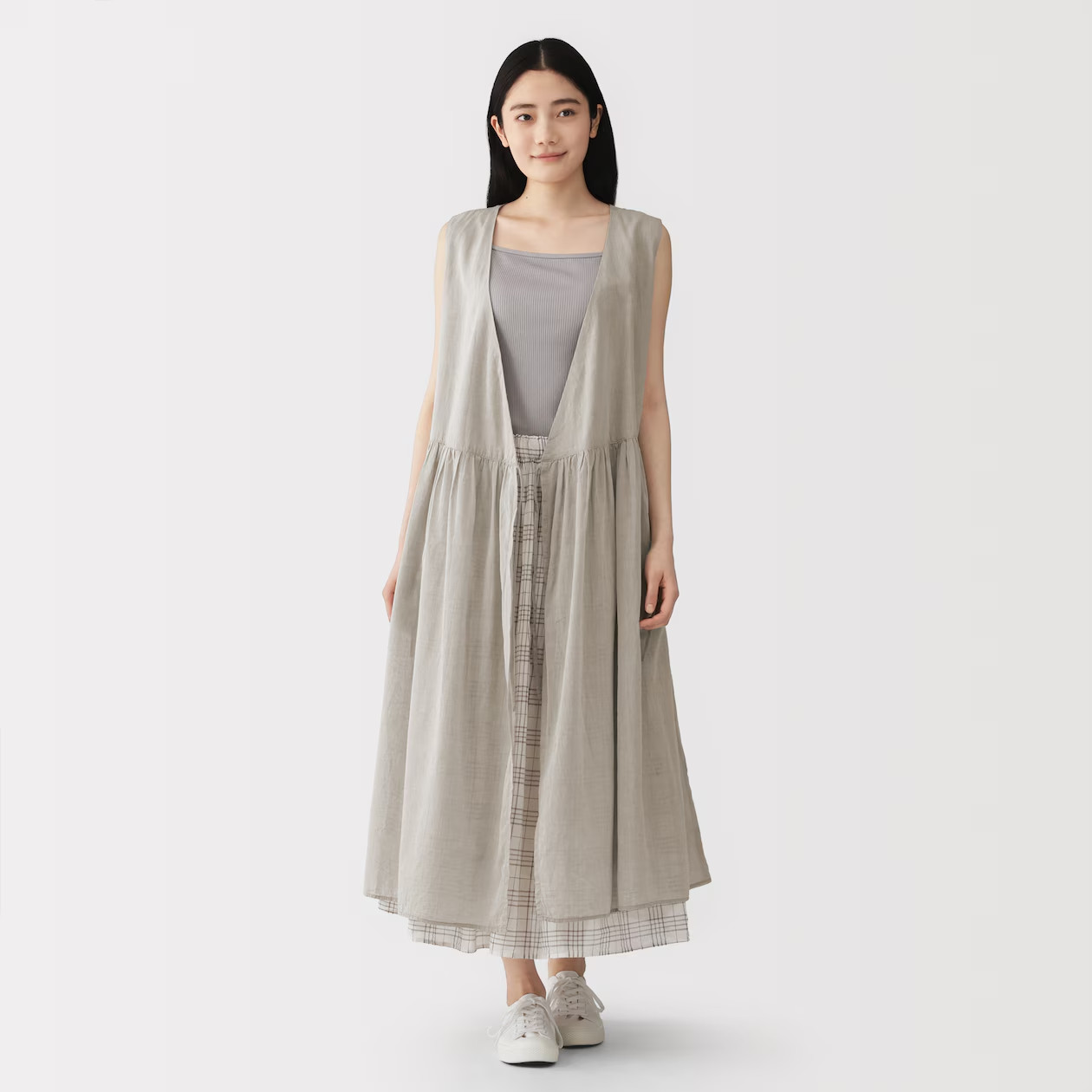 MUJI Womens 100% Organic High-Twist Cotton Kimono Sheer Dress Beige FedEx