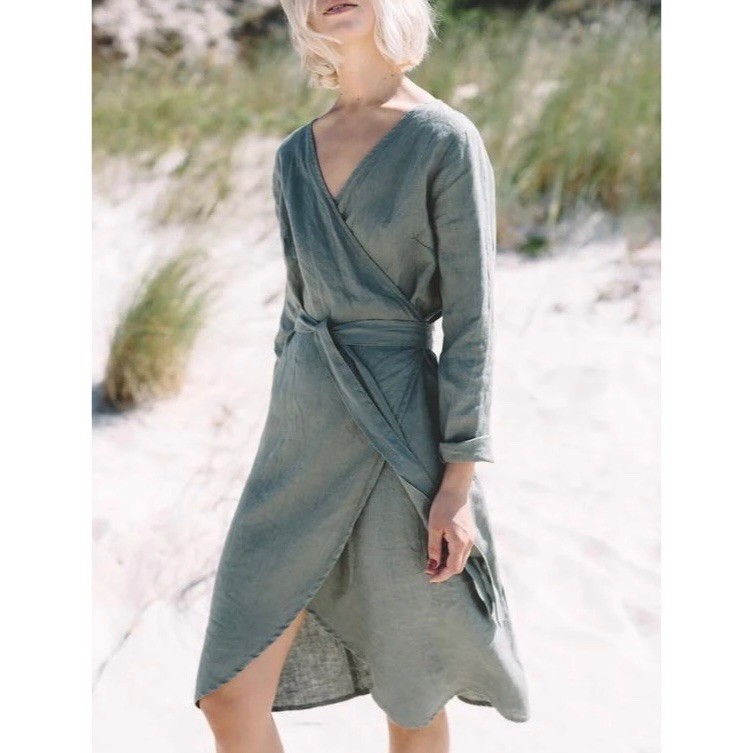 Linenfox Rosemary Linen Wrap Dress, Forest Green Sz S-M