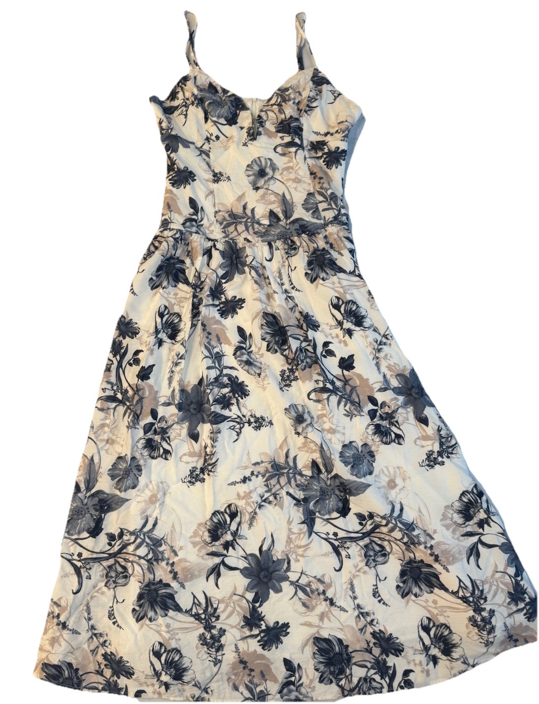 Storia Maxi Sundress Womens Size L Blue Brown Floral Smocked Lined Cottagecore