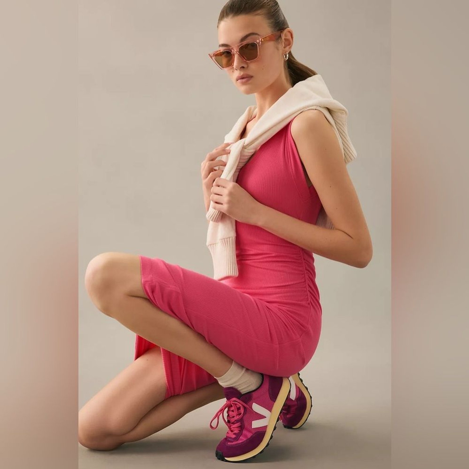 NWT Anthropologie Daily Practice Raspberry Pink Ribbed Ruched side Midi dress xs