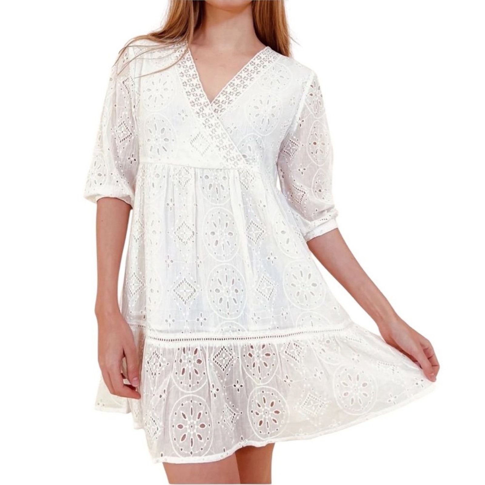 Debbie Katz South Beach Bree Eyelet Swim Coverup White 3/4 Sleeve Dress XL