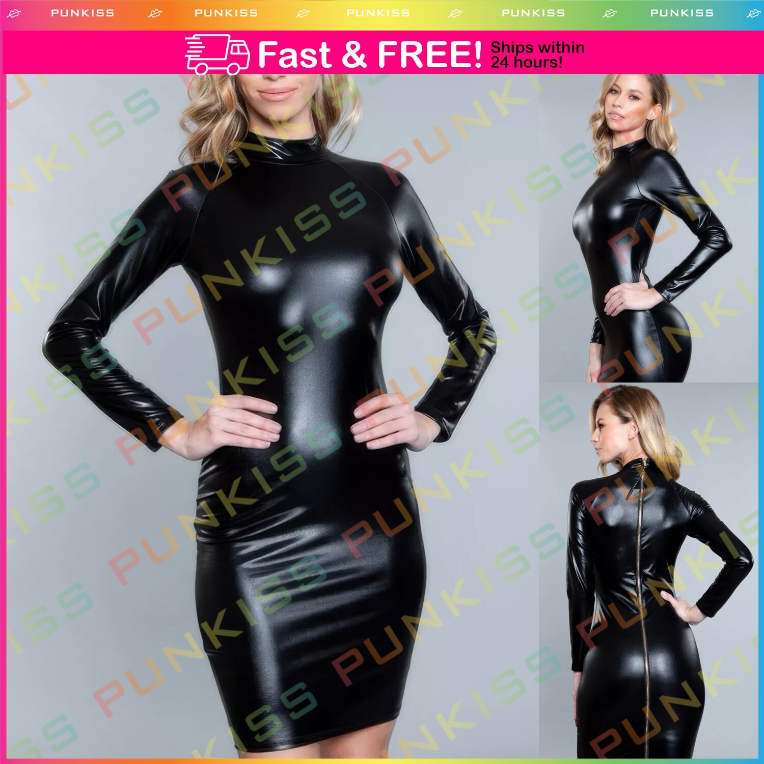 Women Wet Look Fetish Sleek Shine Faux Latex Look Long Sleeve Dominatrix Dress