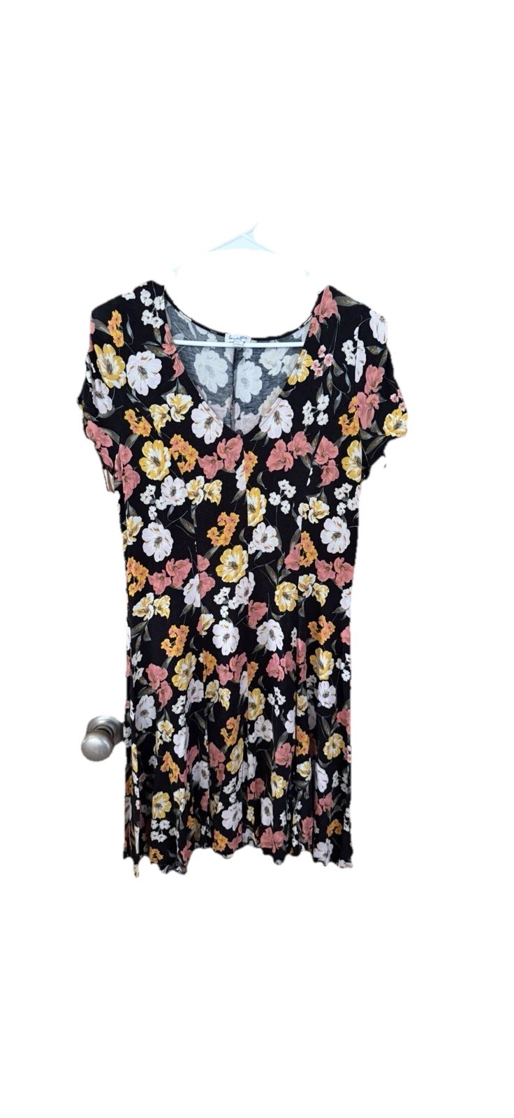Love, Fire Dress Women’s A-Line Short Sleeve V Neck Above Knee Floral, Sz Small