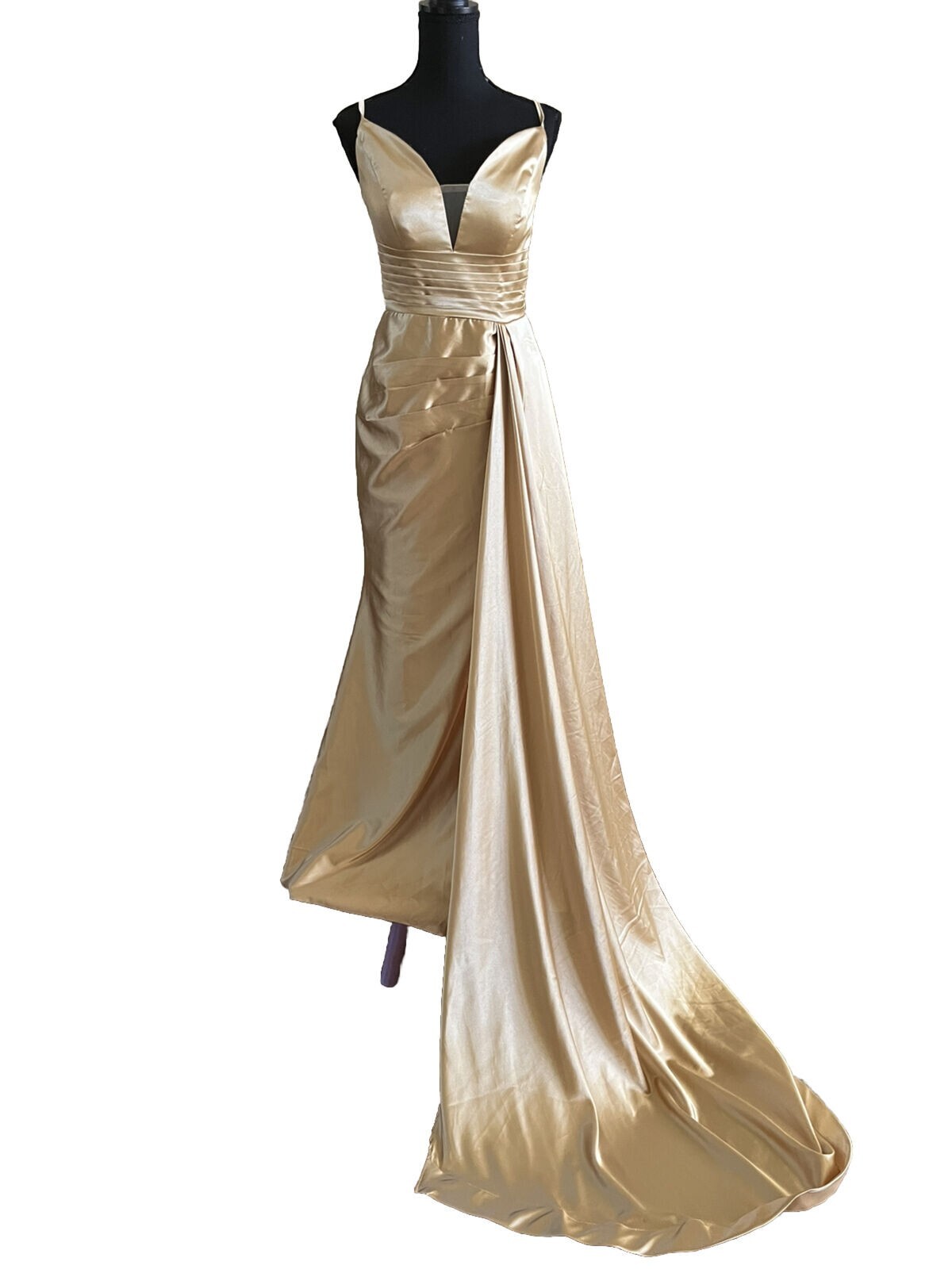 Gold Satin Formal Dress Size 6-8 V-Neck w/ Straps Gown Sweeping Train High Slit