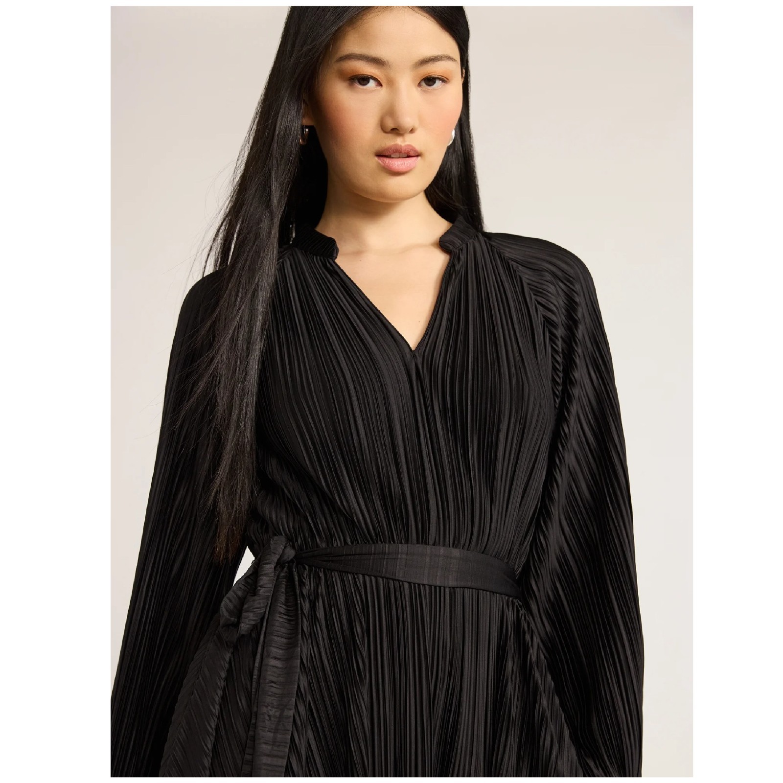 Scoop Women Pleated Handkerchief Hem Dress Long Sleeve Black Soot Size S