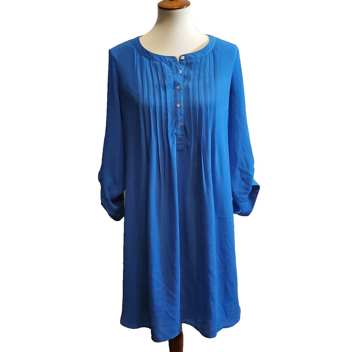 Daniel Rain Women’s Blouse Linin Dress Size M Adjustable Sleeves, Blue