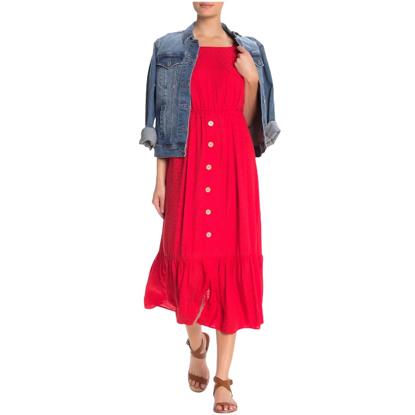 Superfoxx Women Medium Red Tiered Bottom Button Front Midi Dress