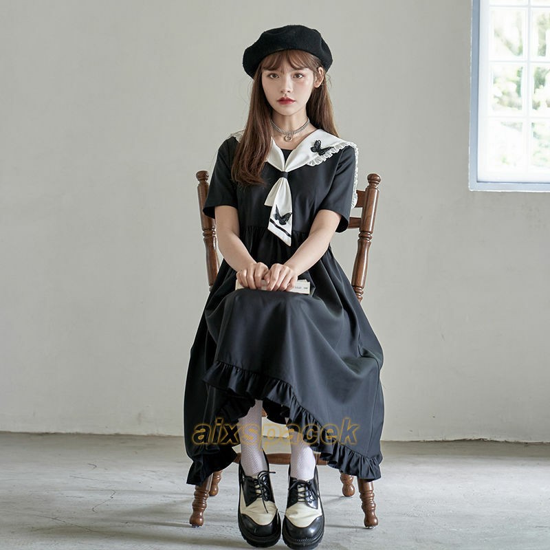 Women’s Retro Gothic Dress Ruffle Lolita Japanese Kawaii Preppy Sailor Suit