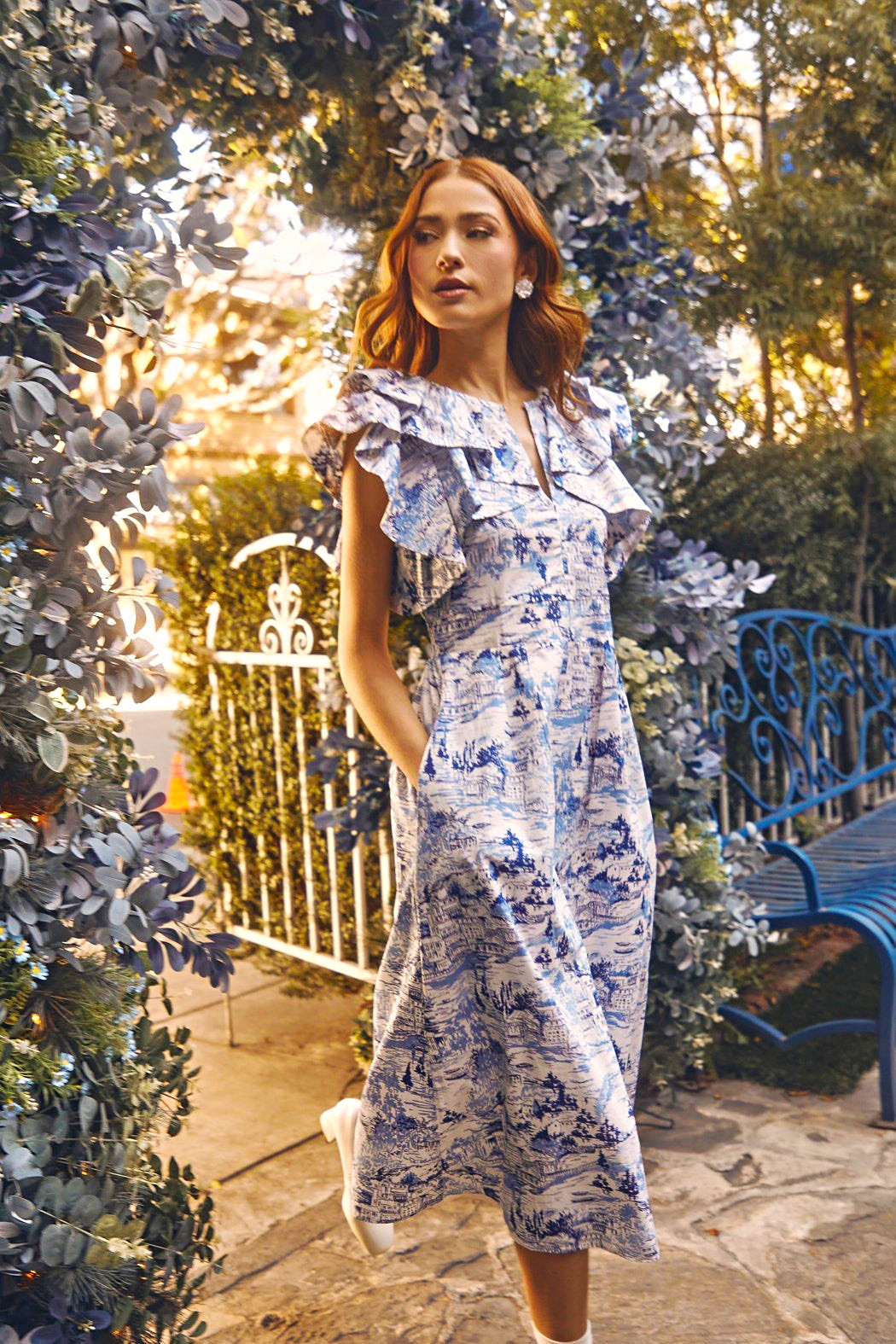 Sugarlips Women’s L Blue White Toile Cotton Midi Dress Pockets Smocked