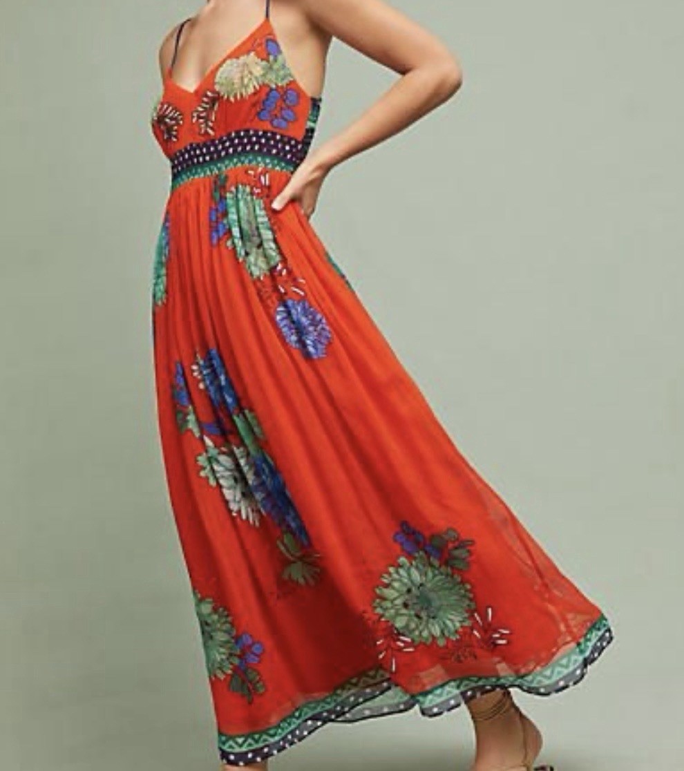 Maeve Orange Floral Smocked Spaghetti Strap V-Neck Lined Maxi Dress Size 6