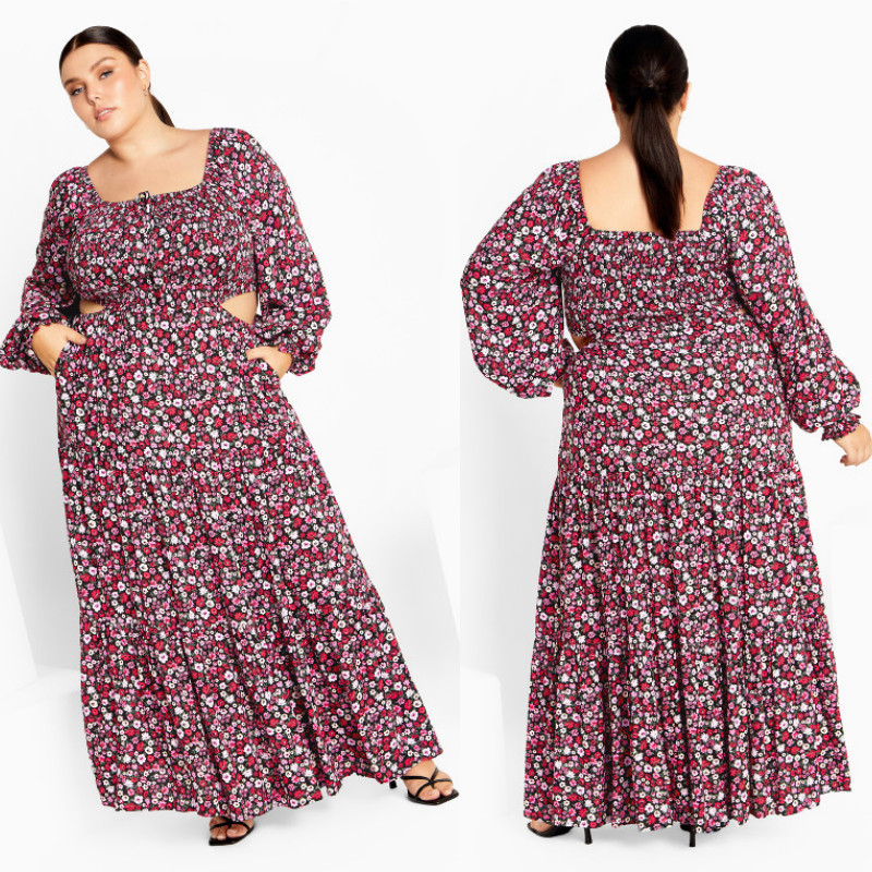 NWT City Chic Floral Smocked Cut-Out Long Sleeve Maxi Dress 18