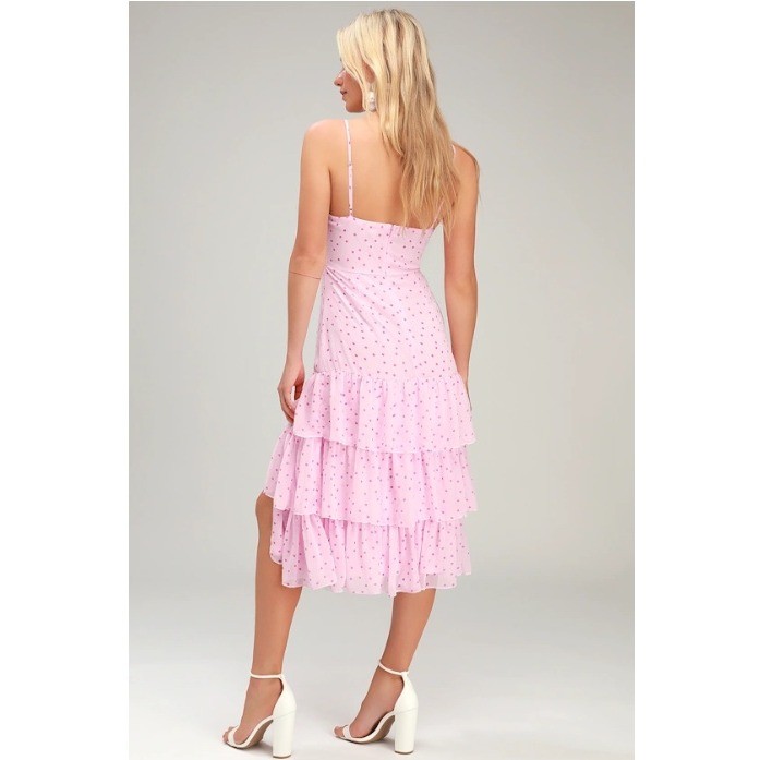 Lulus Pink Polka Dot Tiered Chiffon Midi Dress Womens Small NWT