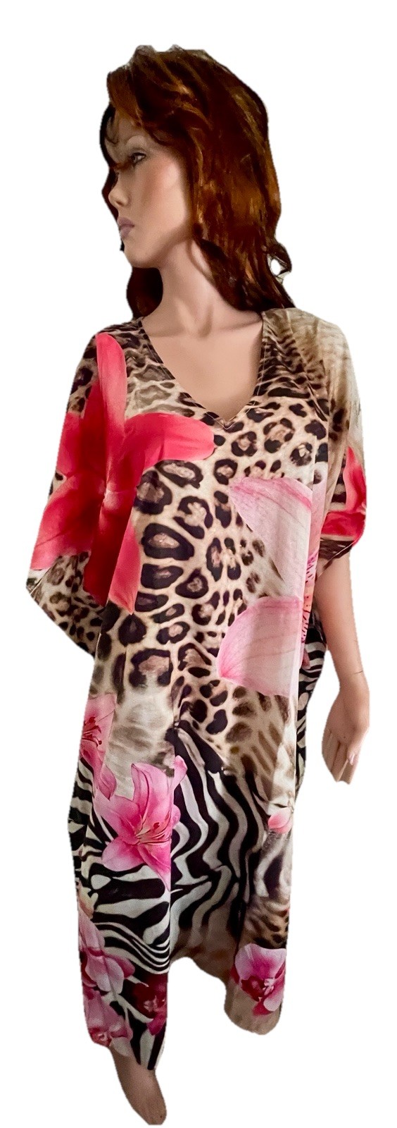 GYPSIE BLU NWT Leopard ZEBRA and TROPICAL FLORAL Digital Print CAFTAN Dress O/S