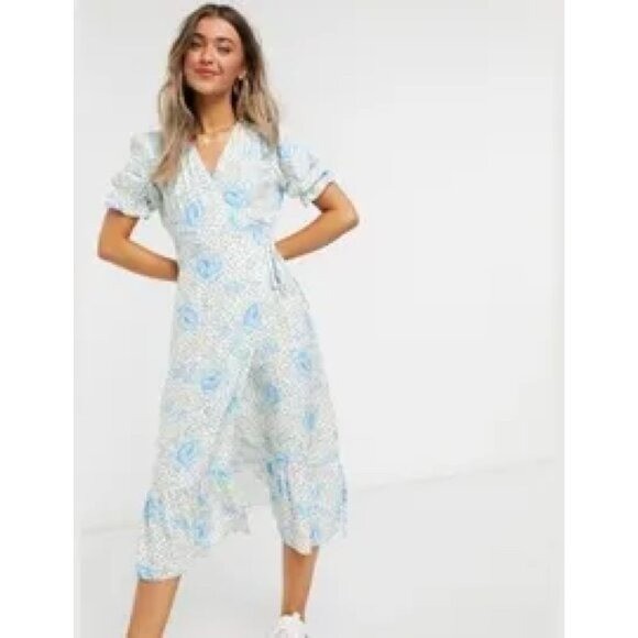 Miss Selfridge Allover Floral Print Cutout Back Wrap Midi Dress Blue Size 12