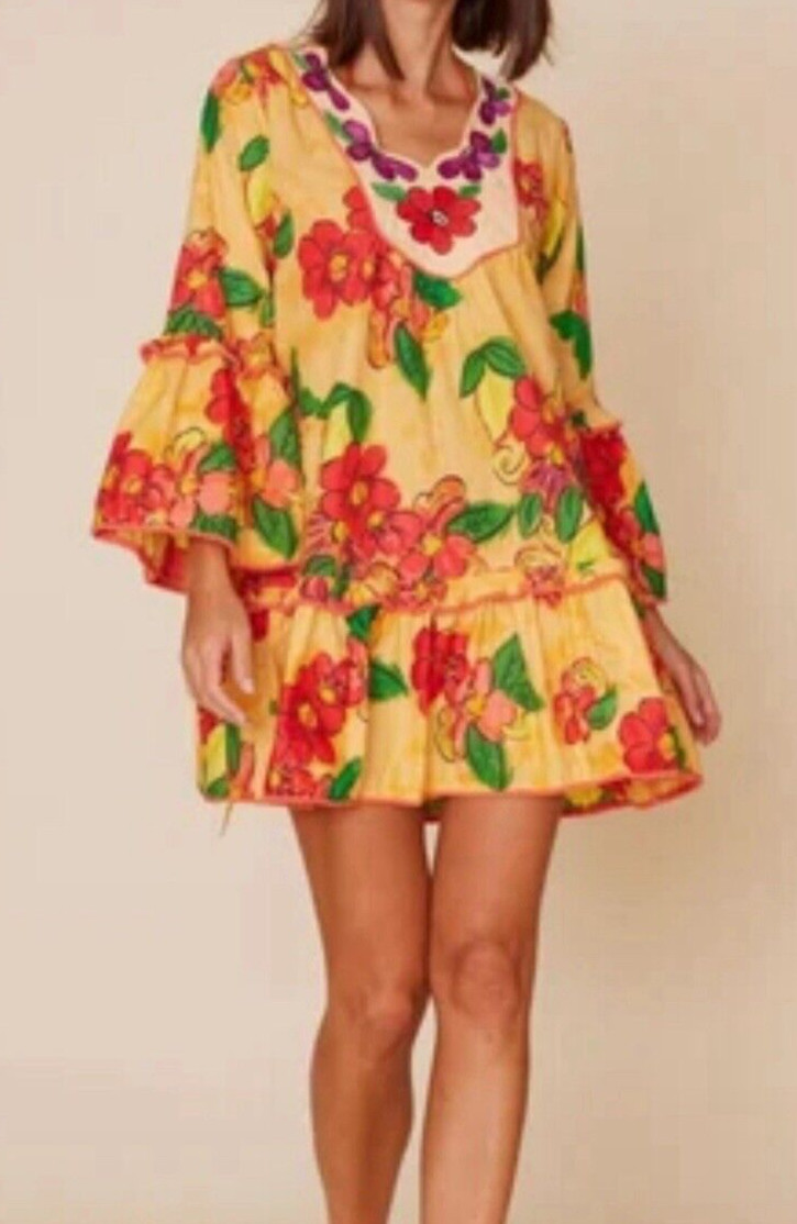 Modaposa Women’s Floral Embroidered Shoulder Self Tie Mini Dress Size M